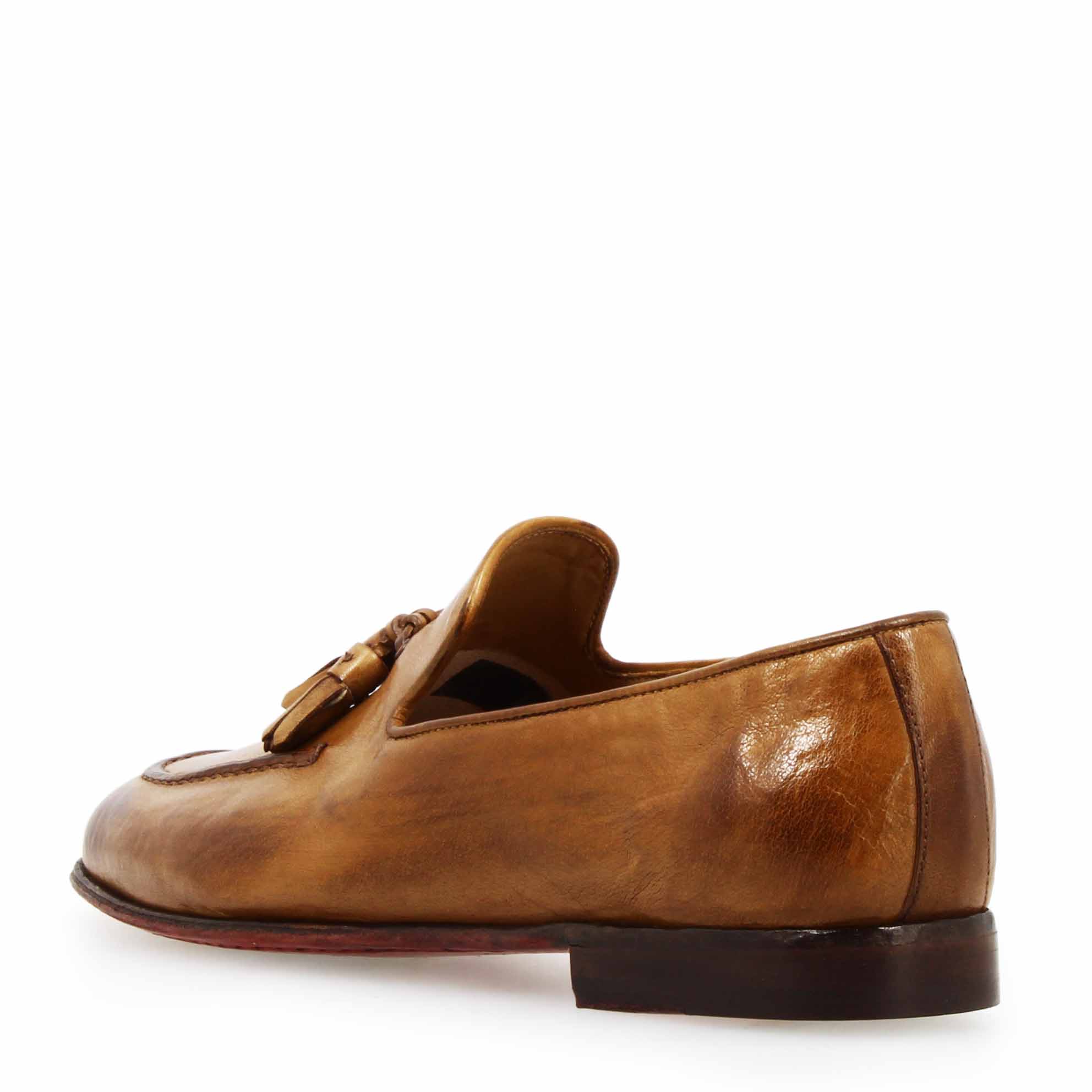 Handmade Men's Brown Leather Tassel Loafer