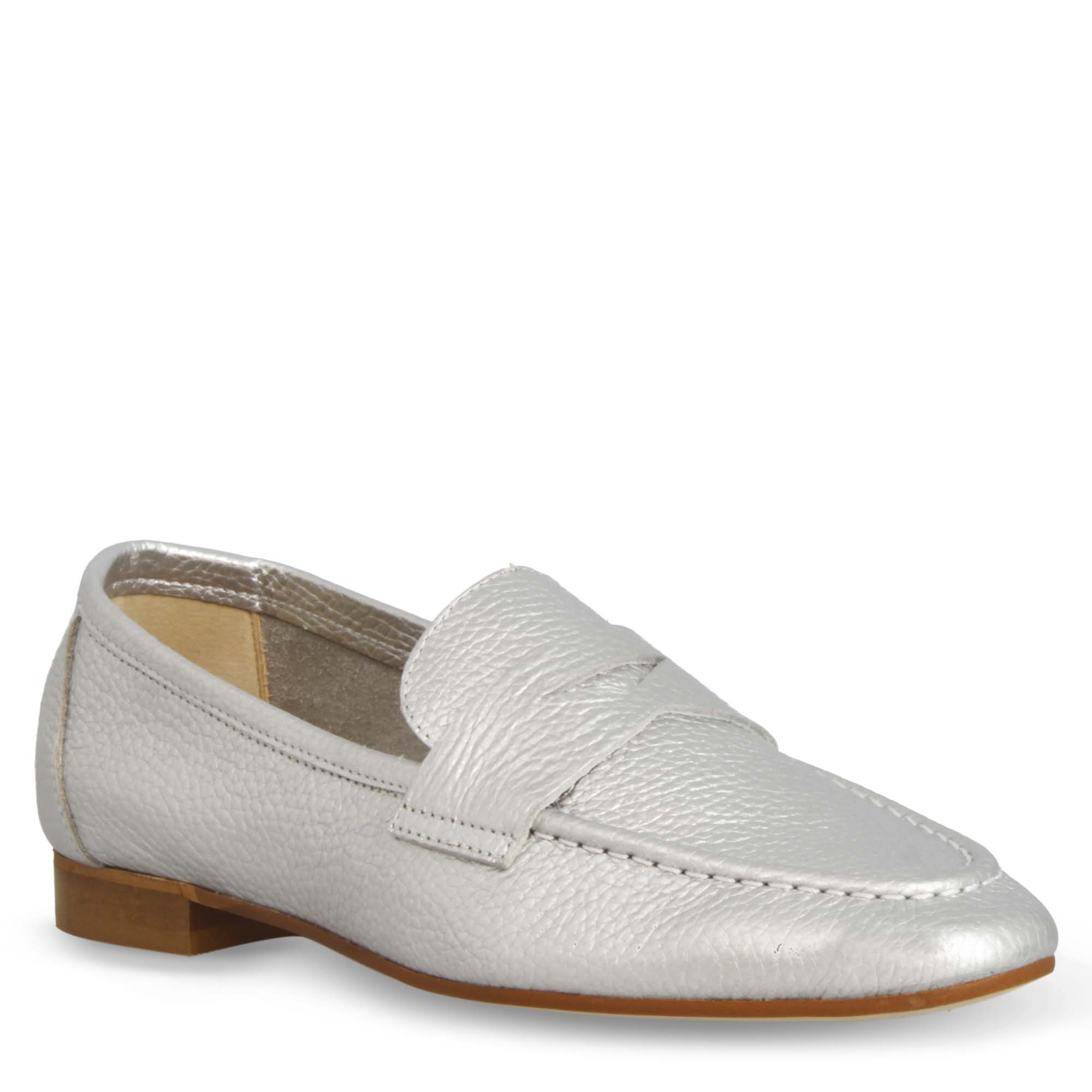 Mocassin souple fait main pour femme en cuir argenté