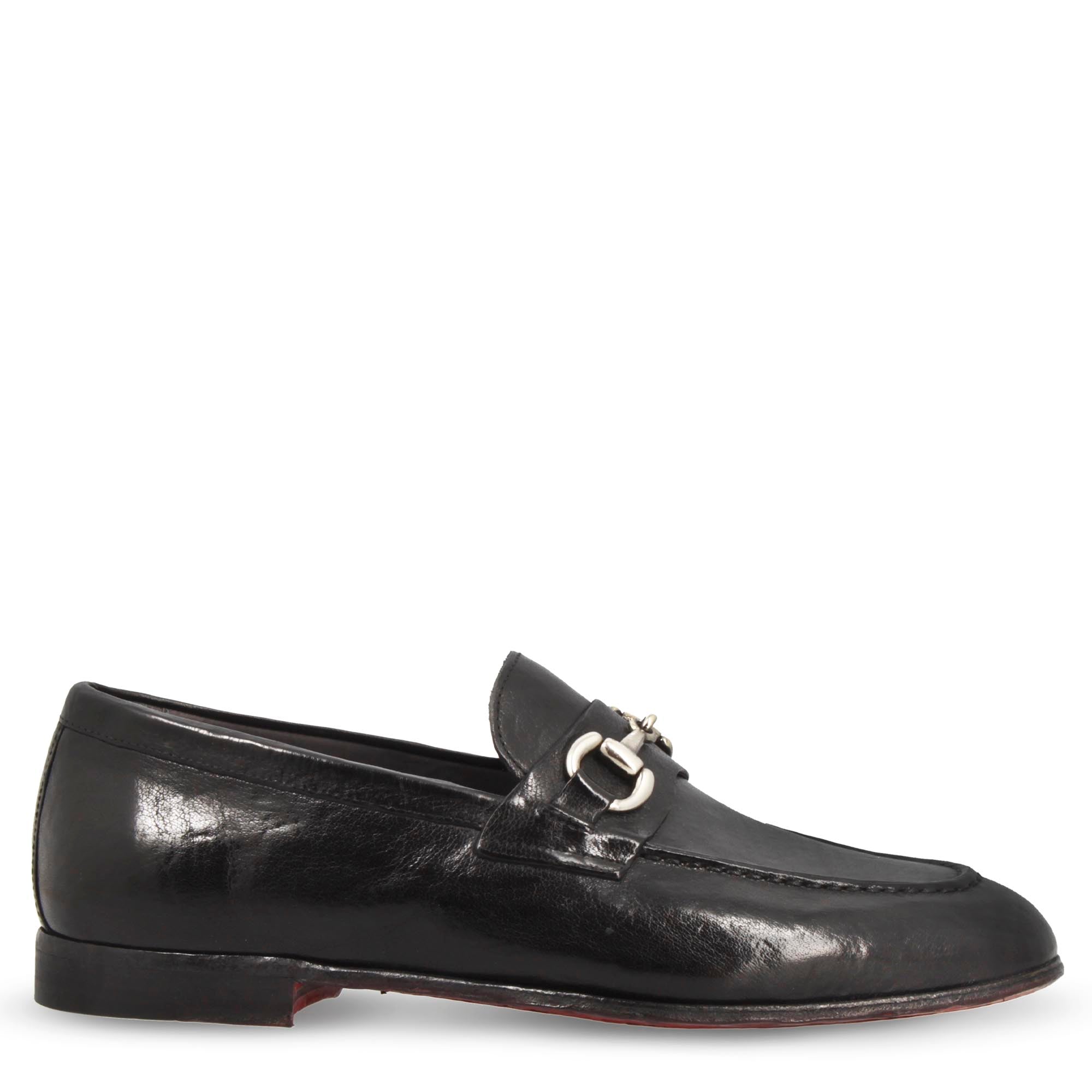 Mocassin noir pour homme fait main avec boucle en cuir fin