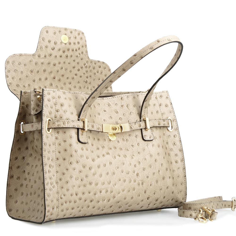 Rosetta L - Large Ostrich-Print Leather Handbag White