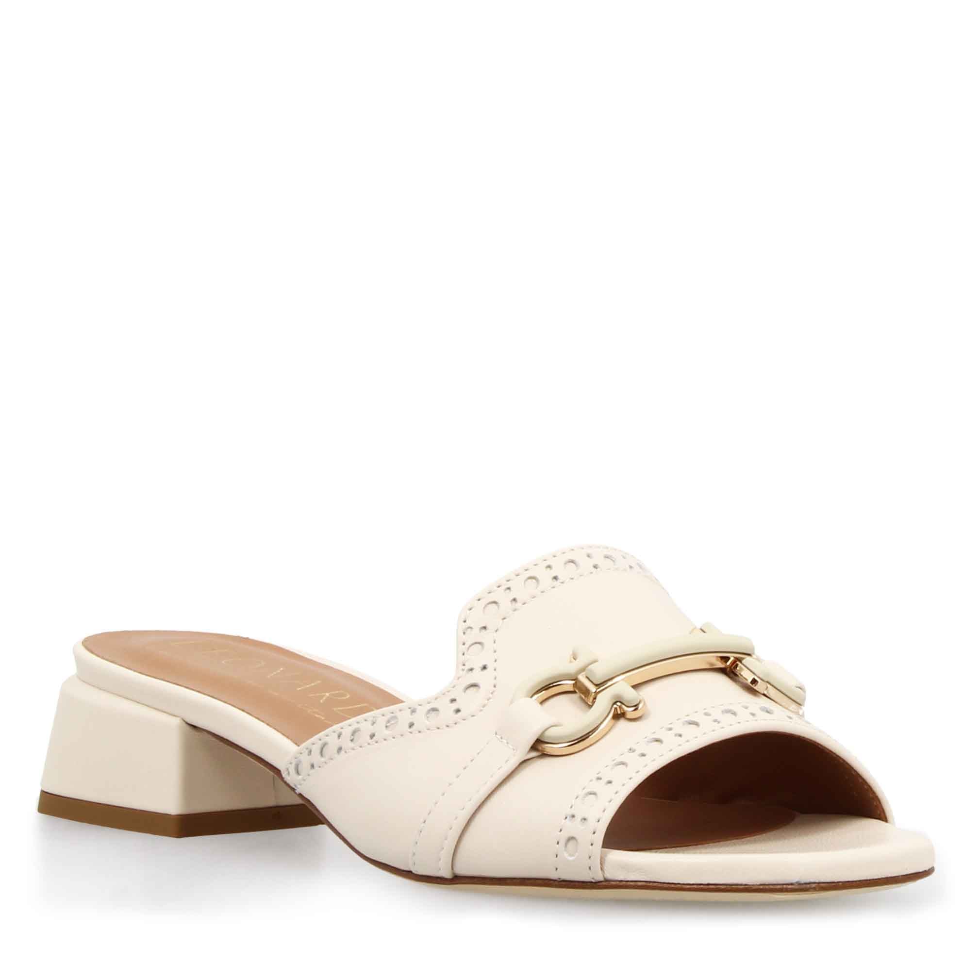 Women's handmade beige leather slide clog with clamp