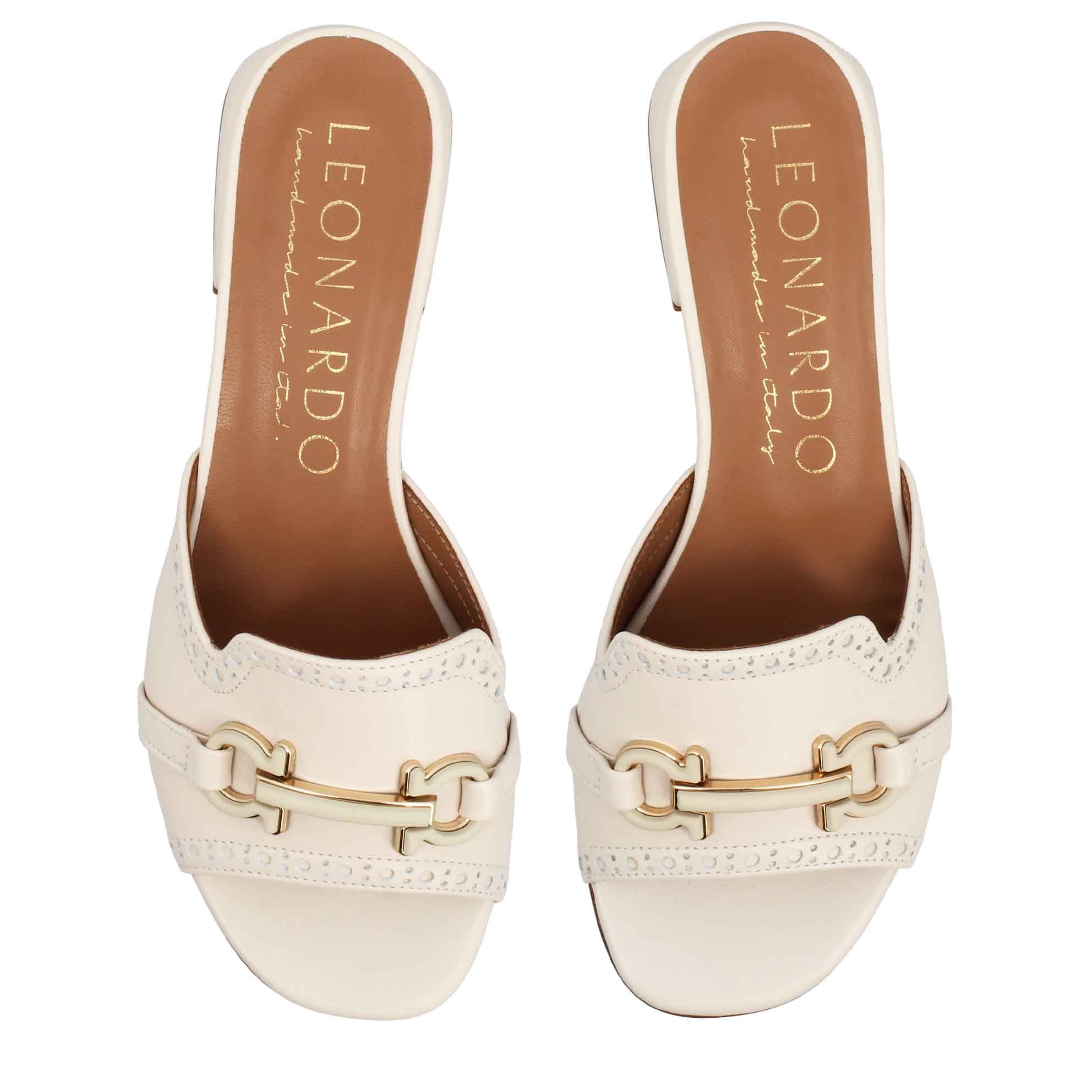 Women's handmade beige leather slide clog with clamp