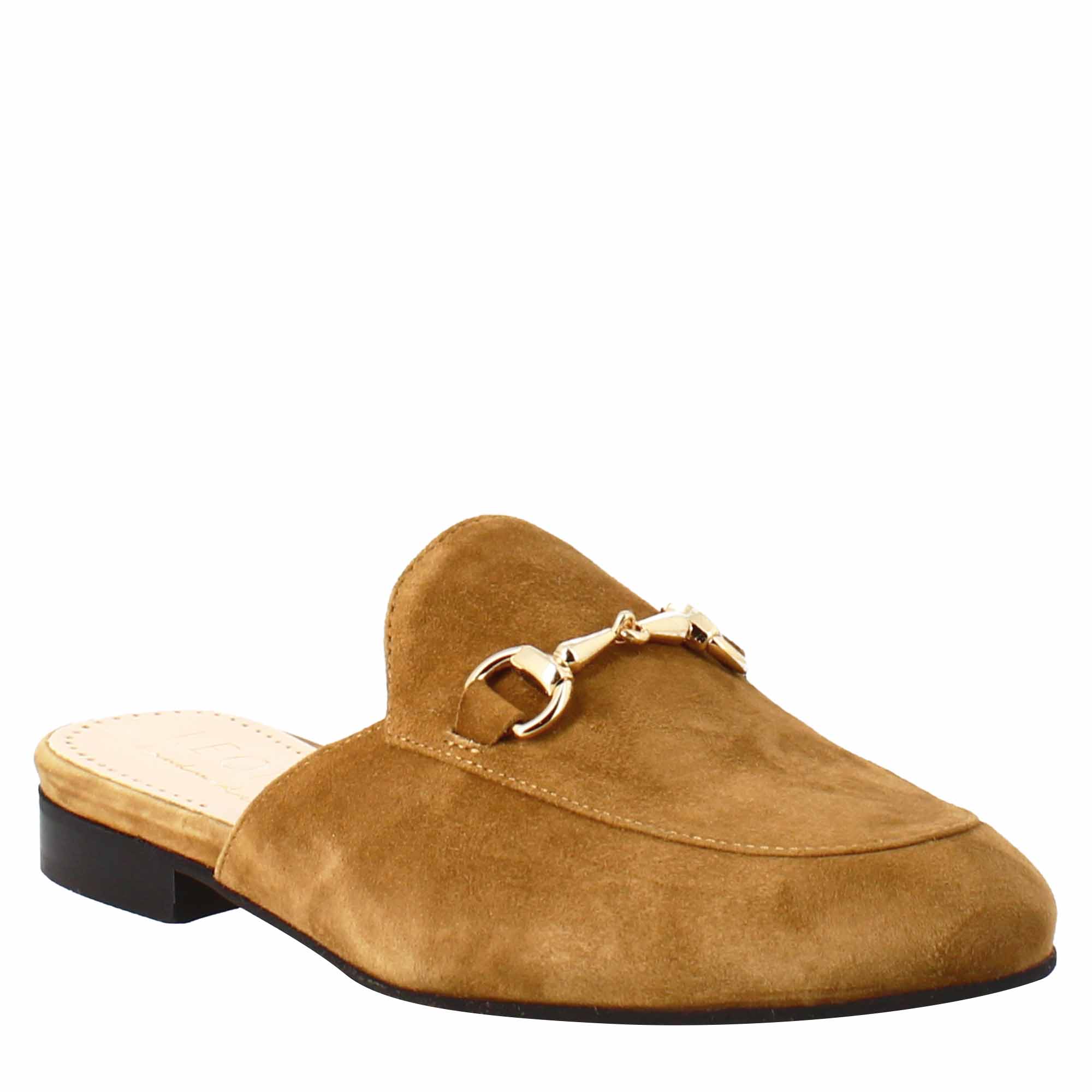Mules pour femmes en daim marron clair avec boucle dorée