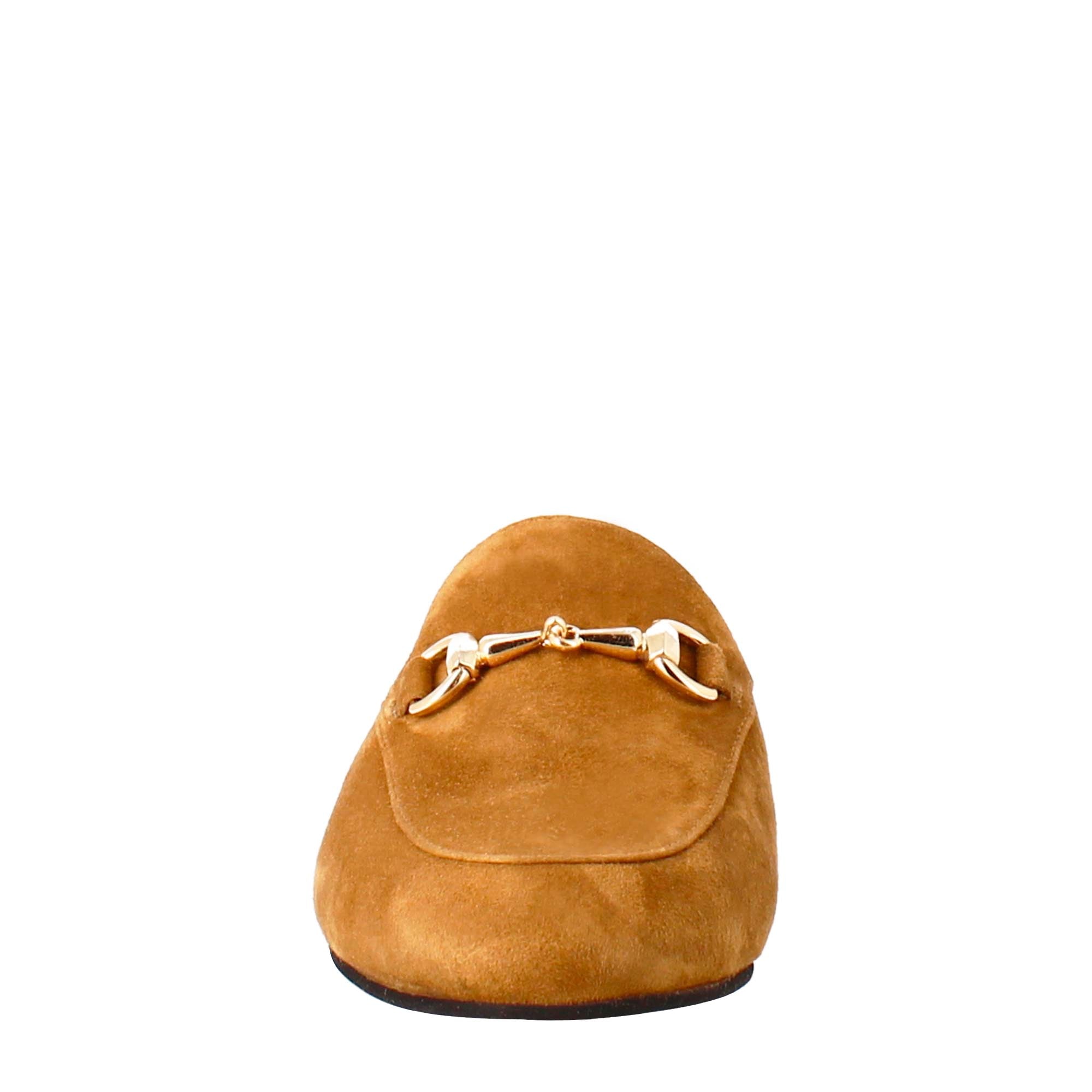 Mules pour femmes en daim marron clair avec boucle dorée