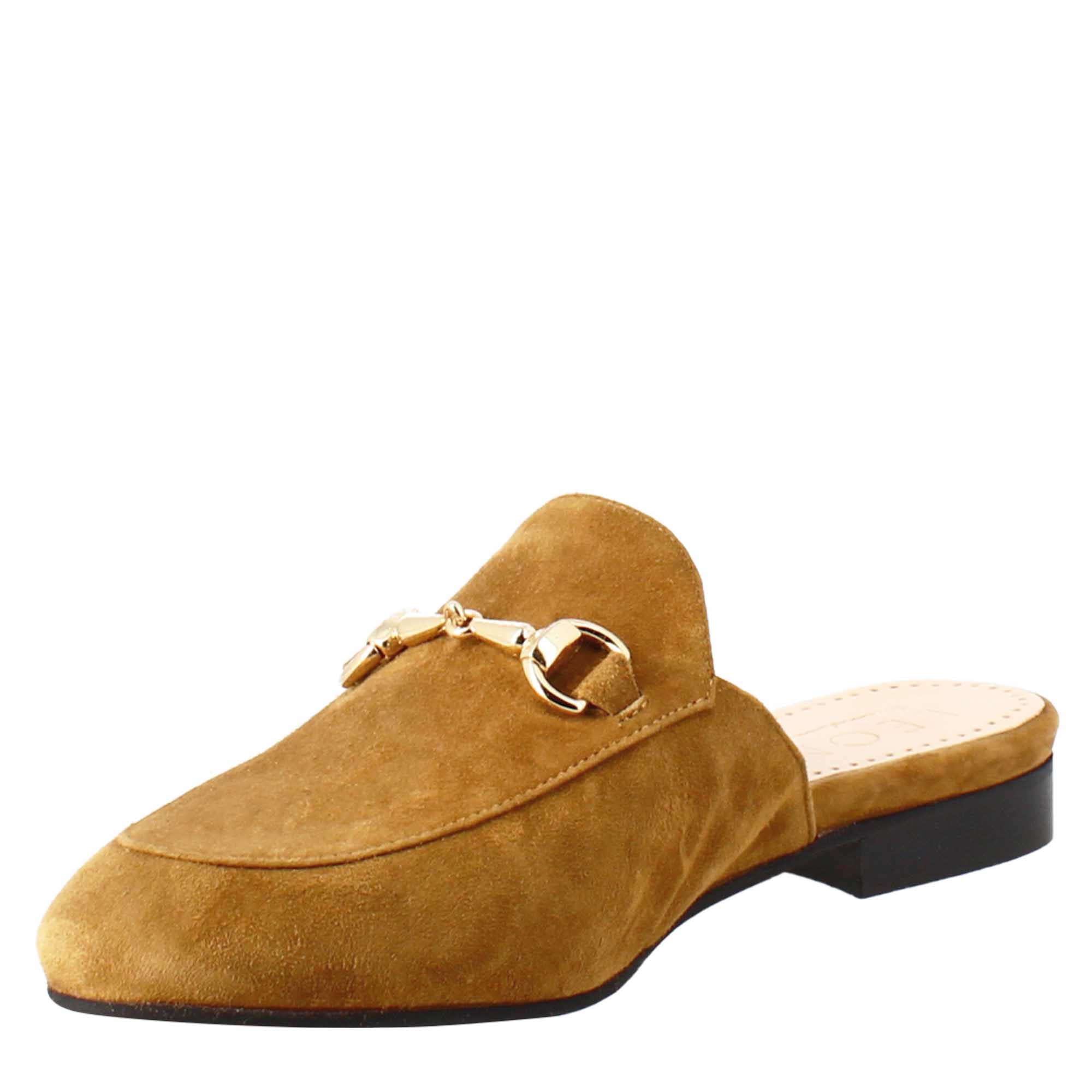 Mules pour femmes en daim marron clair avec boucle dorée