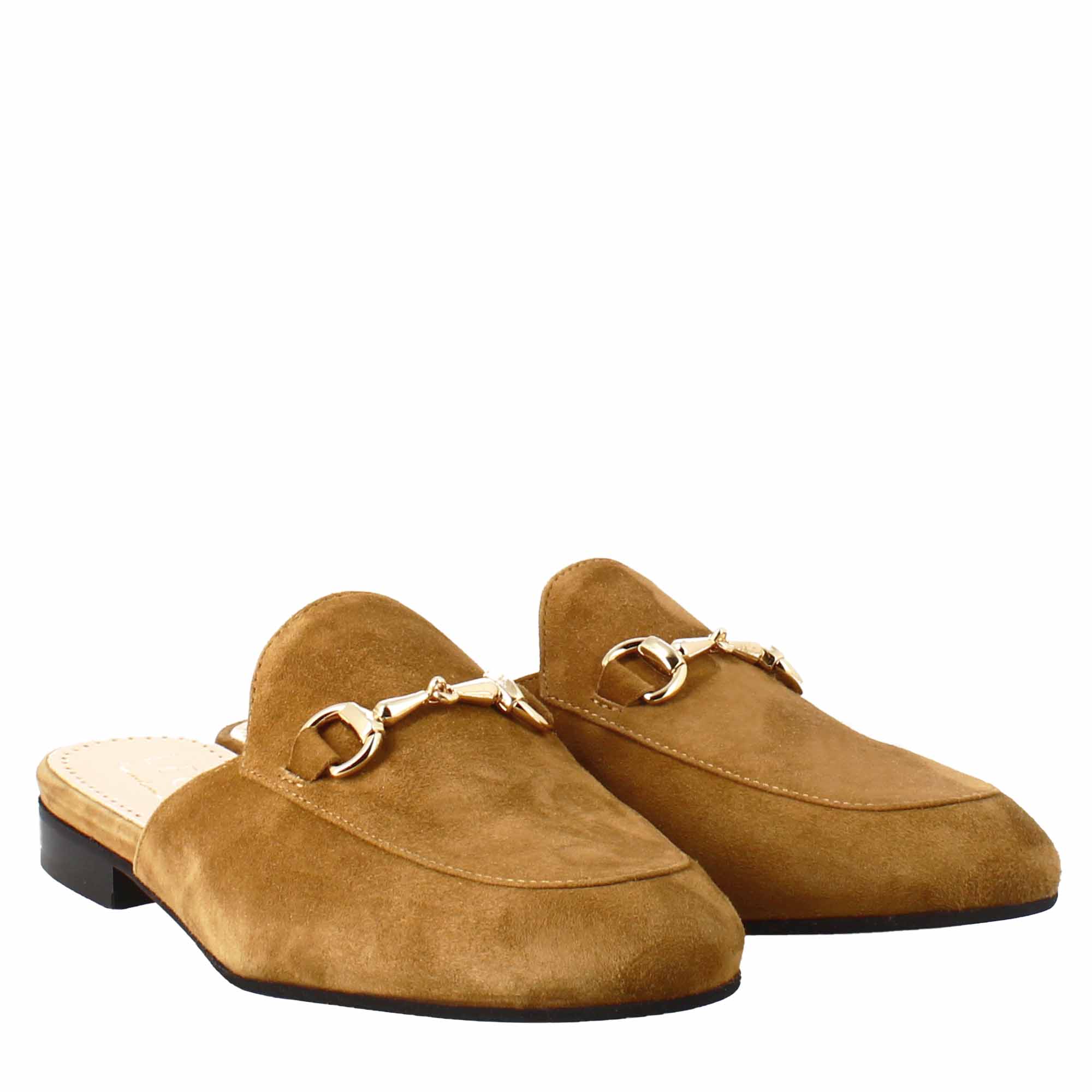 Mules pour femmes en daim marron clair avec boucle dorée