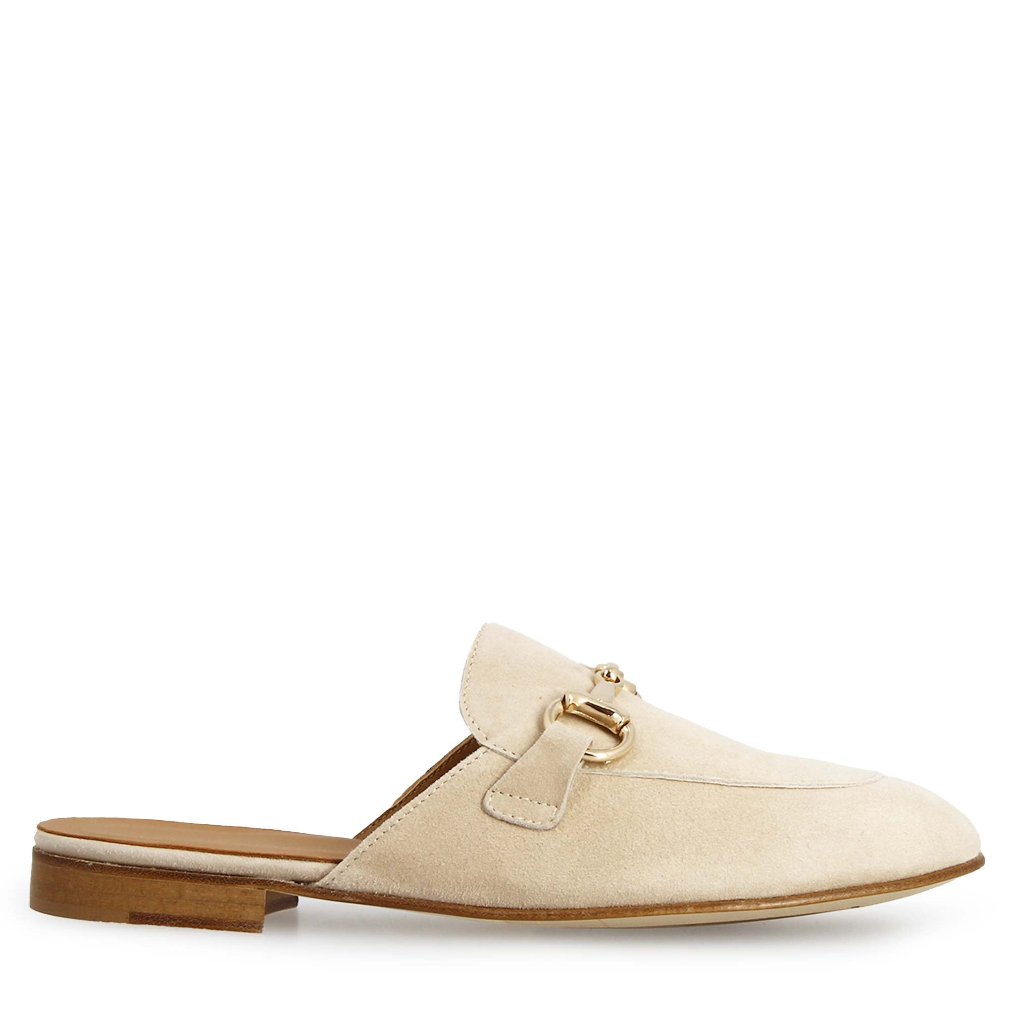 Woman's mules in beige suede with gold buckle