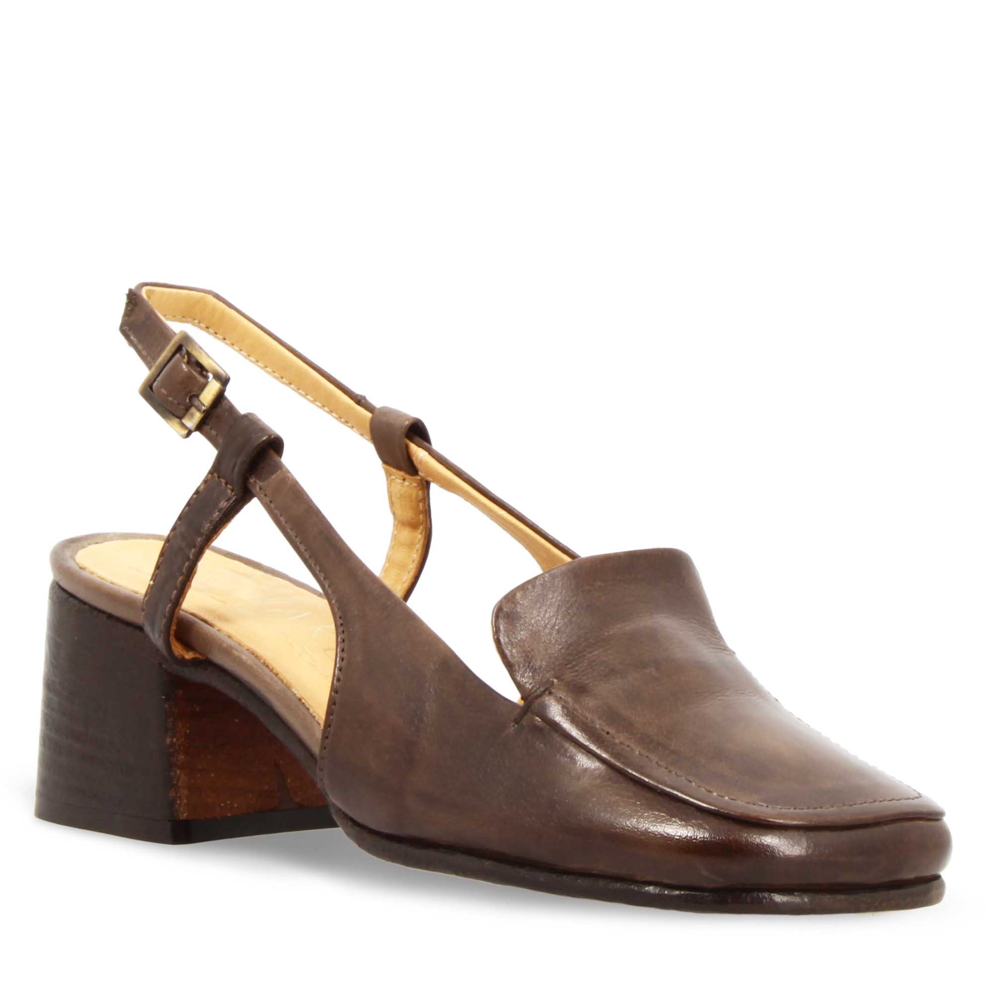 Sandale à bout carré en cuir marron foncé pour femme fabriquée à la main