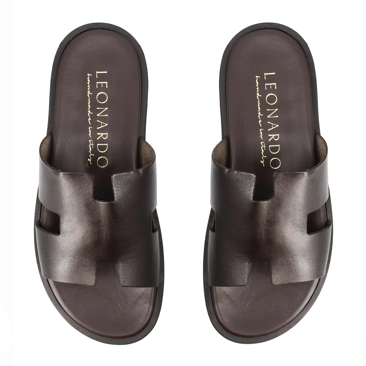 Men's H-shaped sandals in dark brown embossed leather
