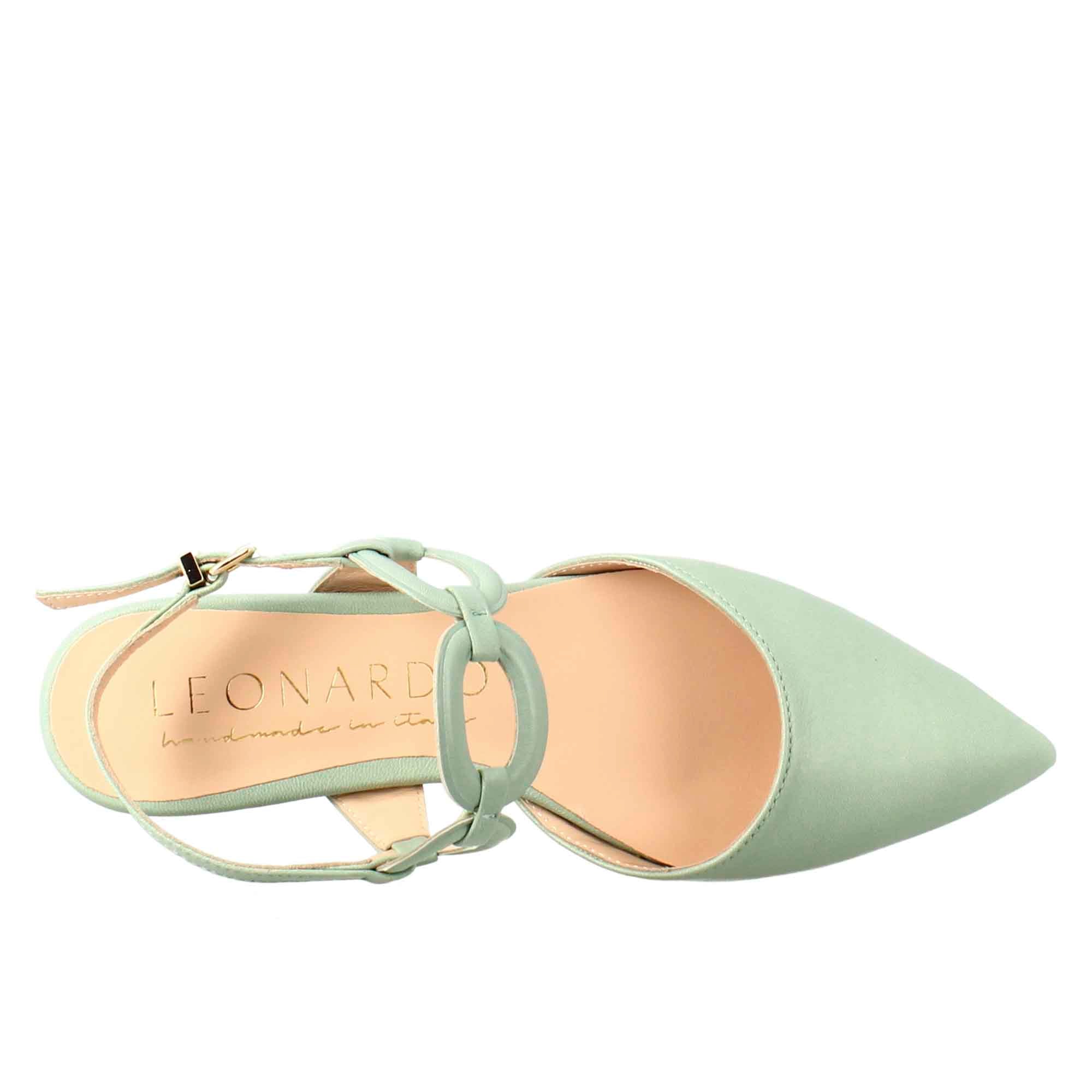Woman's pointed toe medium heel closed sandal in green leather