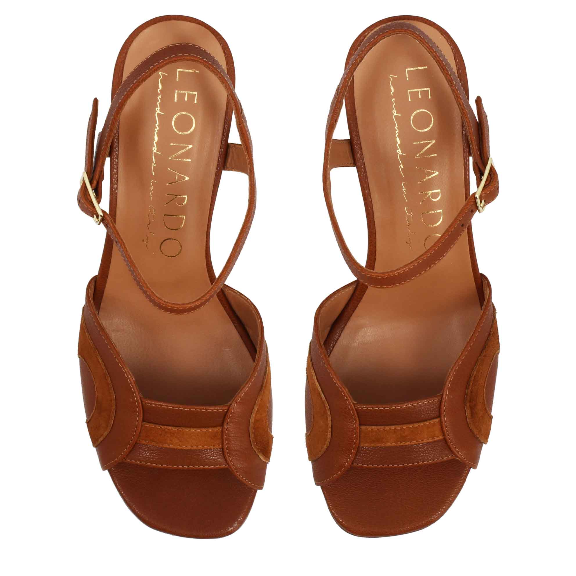 Handmade brown leather women's sandal high heel