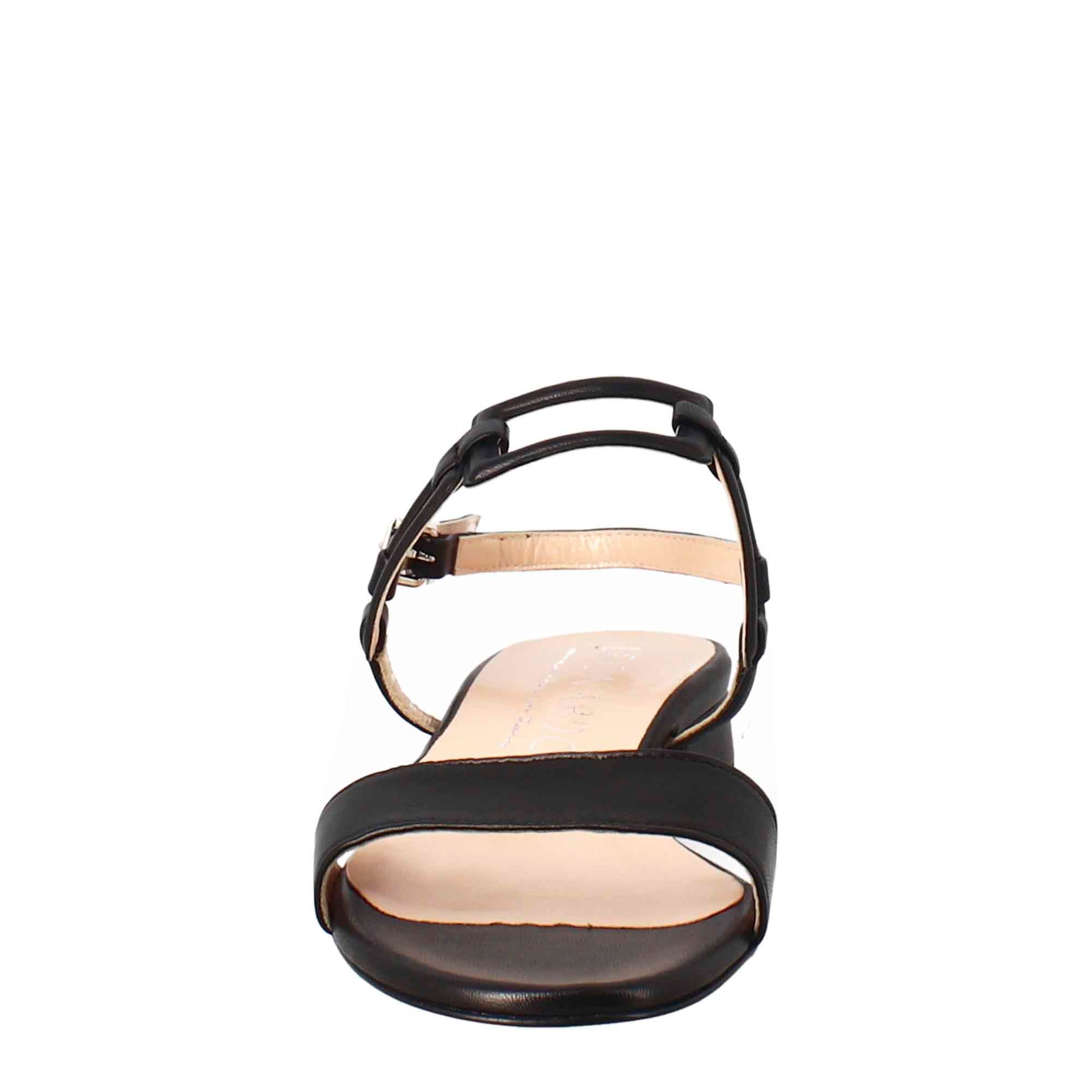 Woman's open sandal with low heel in black glitter effect leather