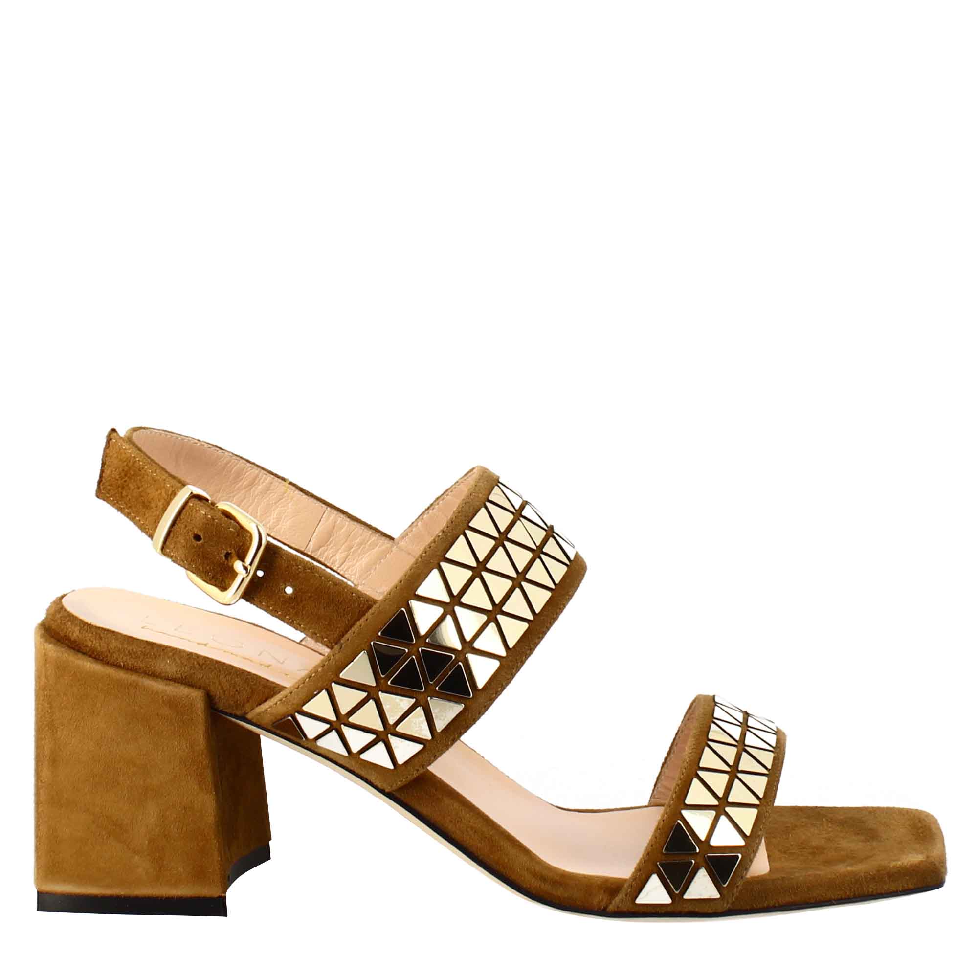 Women's sandal in brown suede with applied glitter