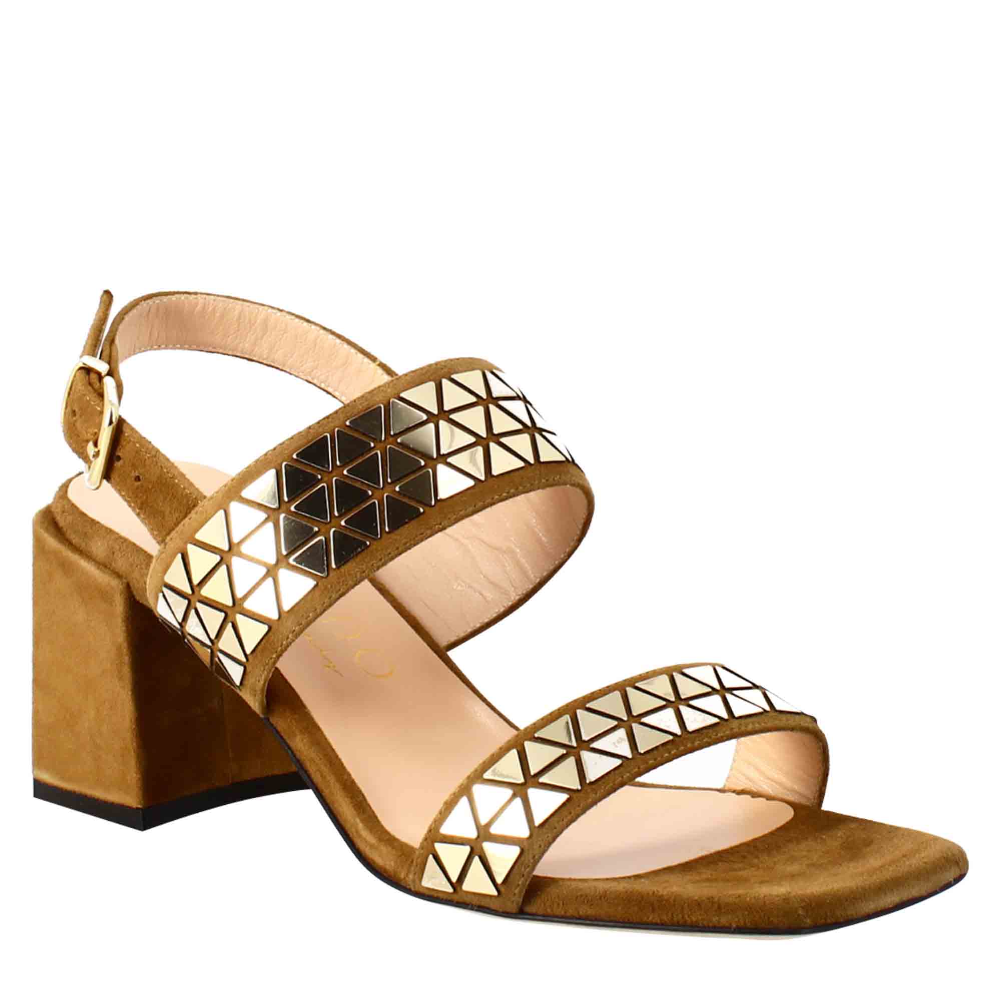 Women's sandal in brown suede with applied glitter
