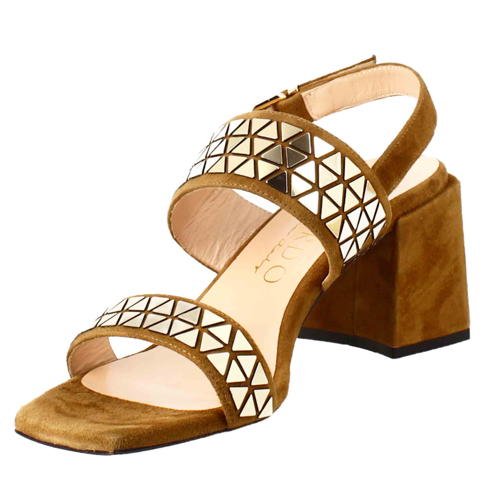 Women's sandal in brown suede with applied glitter
