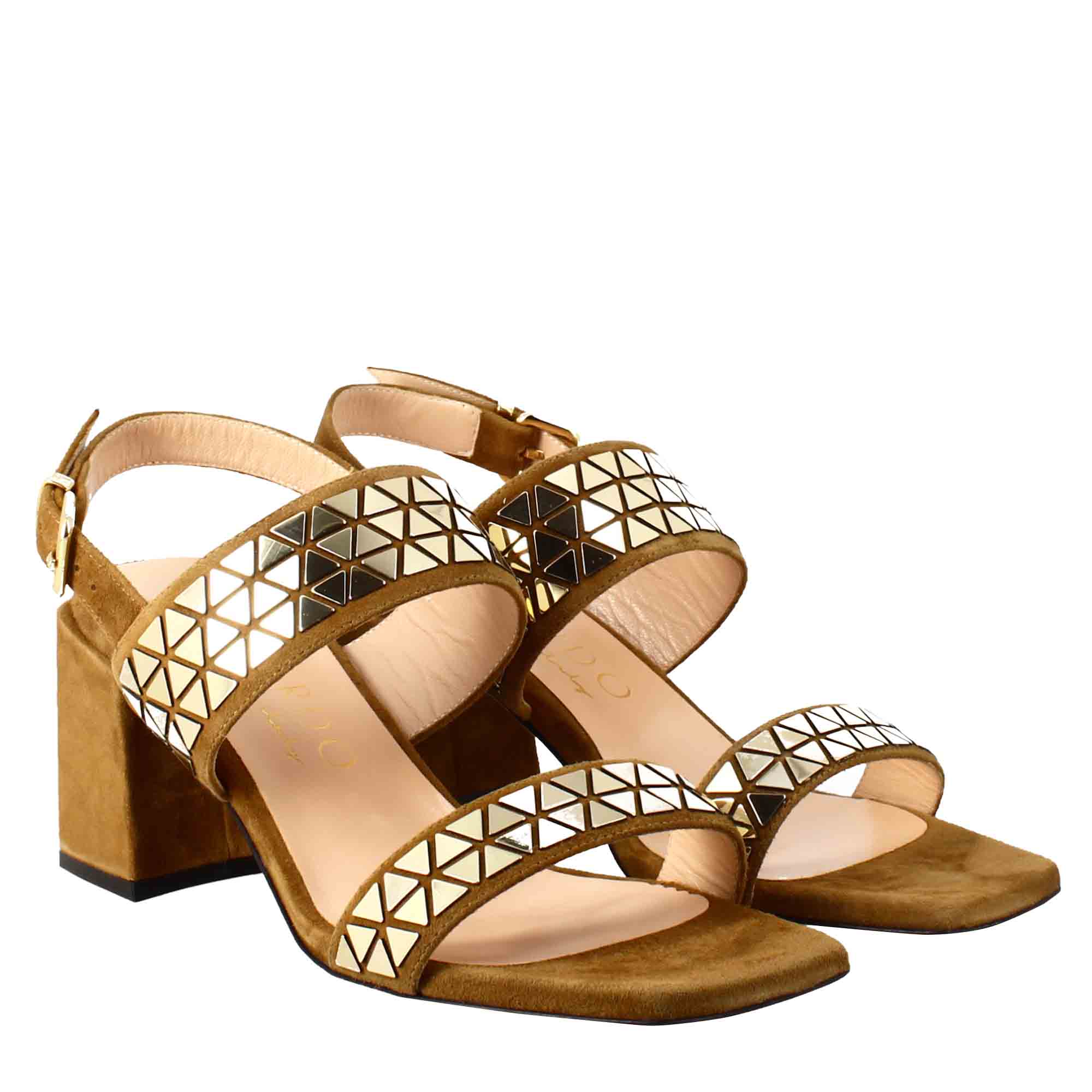 Women's sandal in brown suede with applied glitter