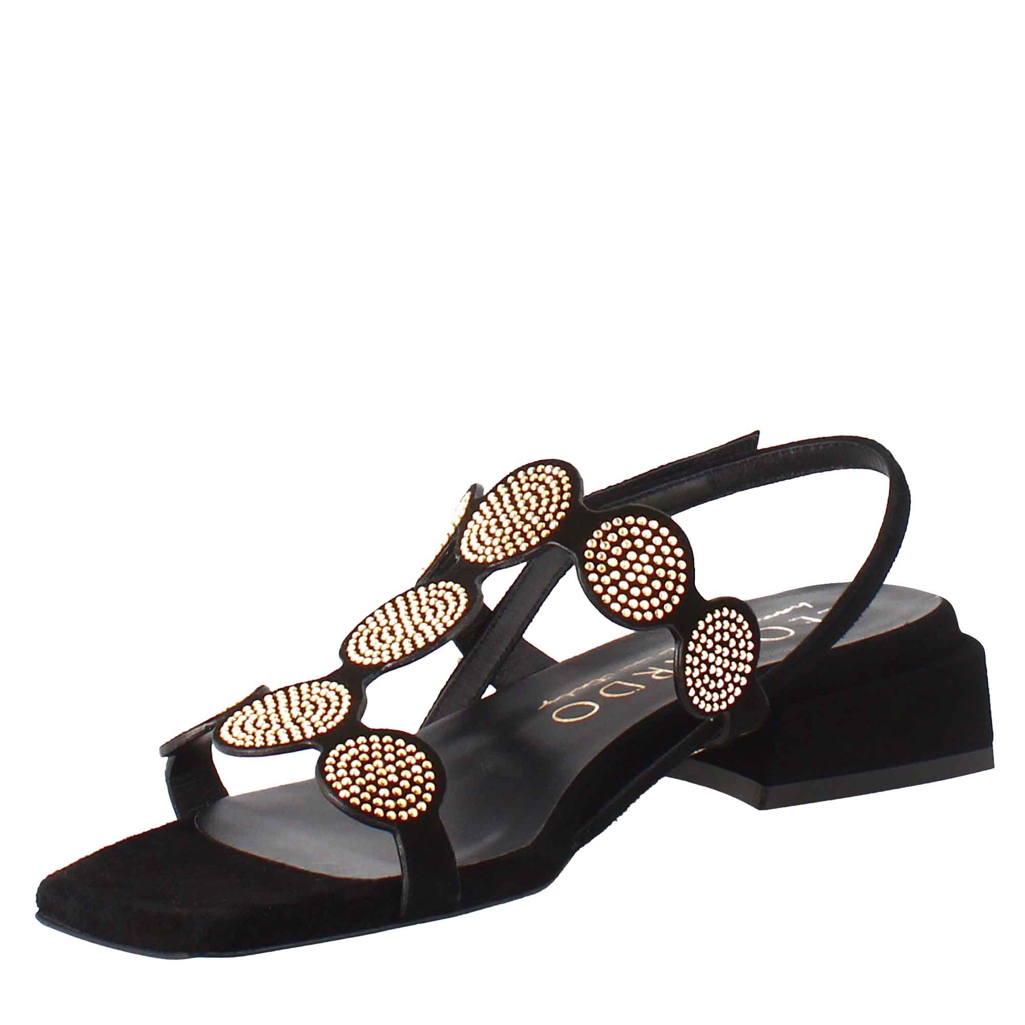 Sandale pour femme de forme carrée en daim noir avec paillettes