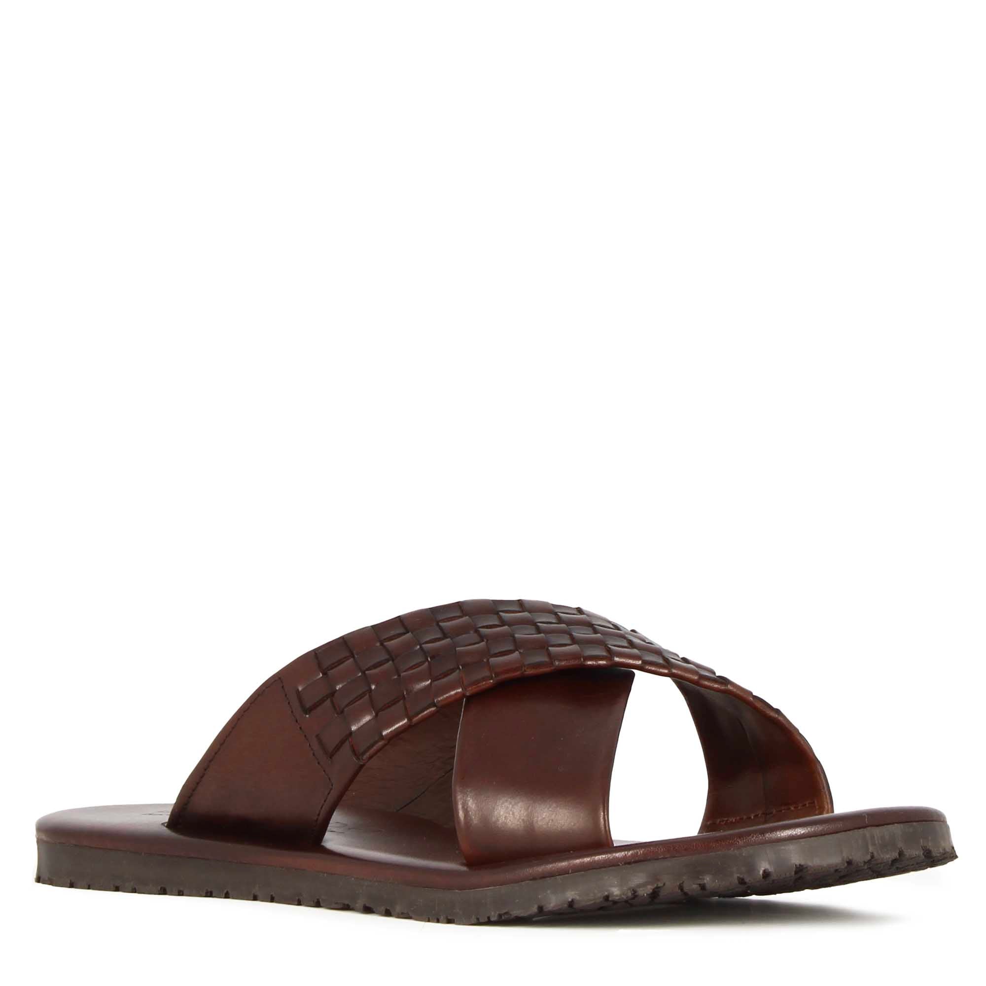 Handmade brown leather sandal slippers for men