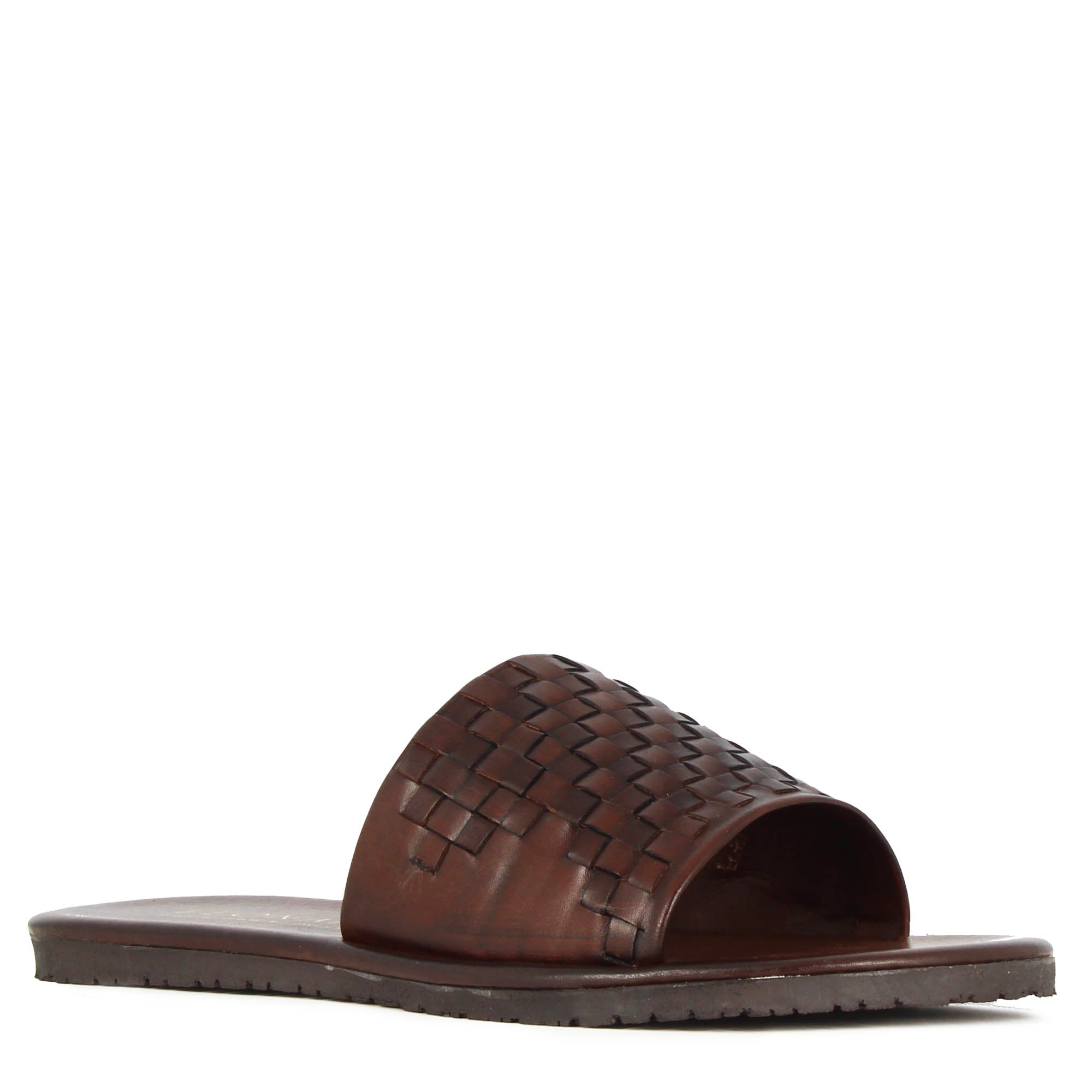 Men's slide sandal with brown woven leather band