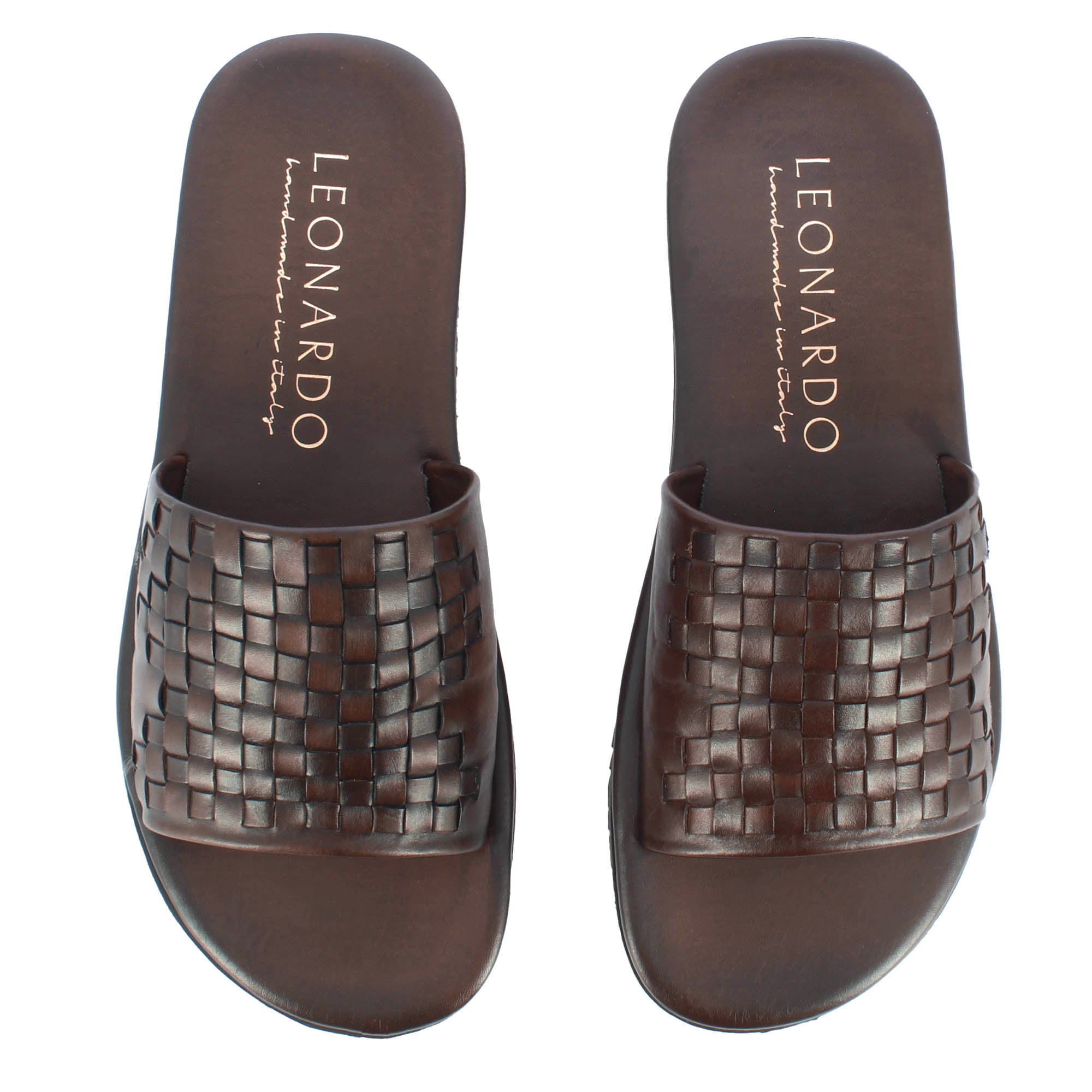 Men's slide sandal with brown woven leather band