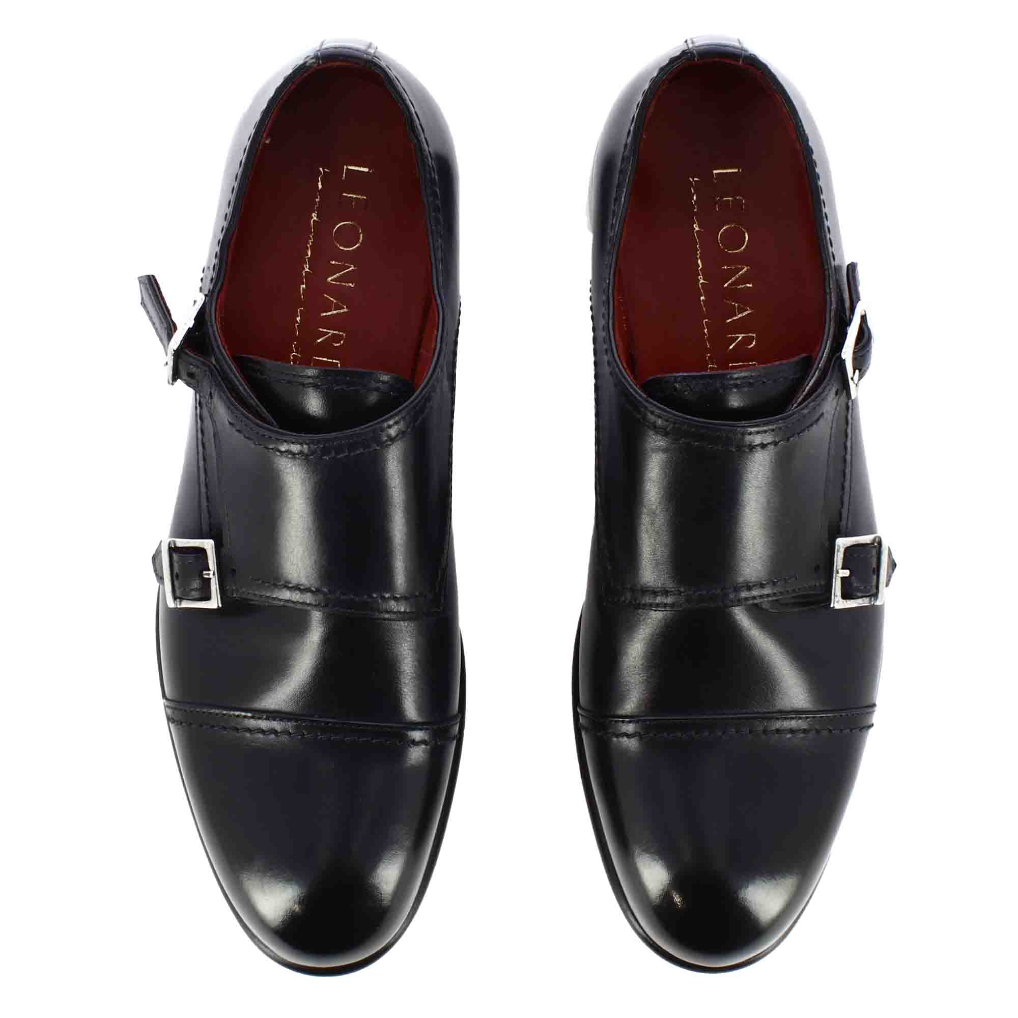 Men's double buckle shoe in dark blue smooth leather