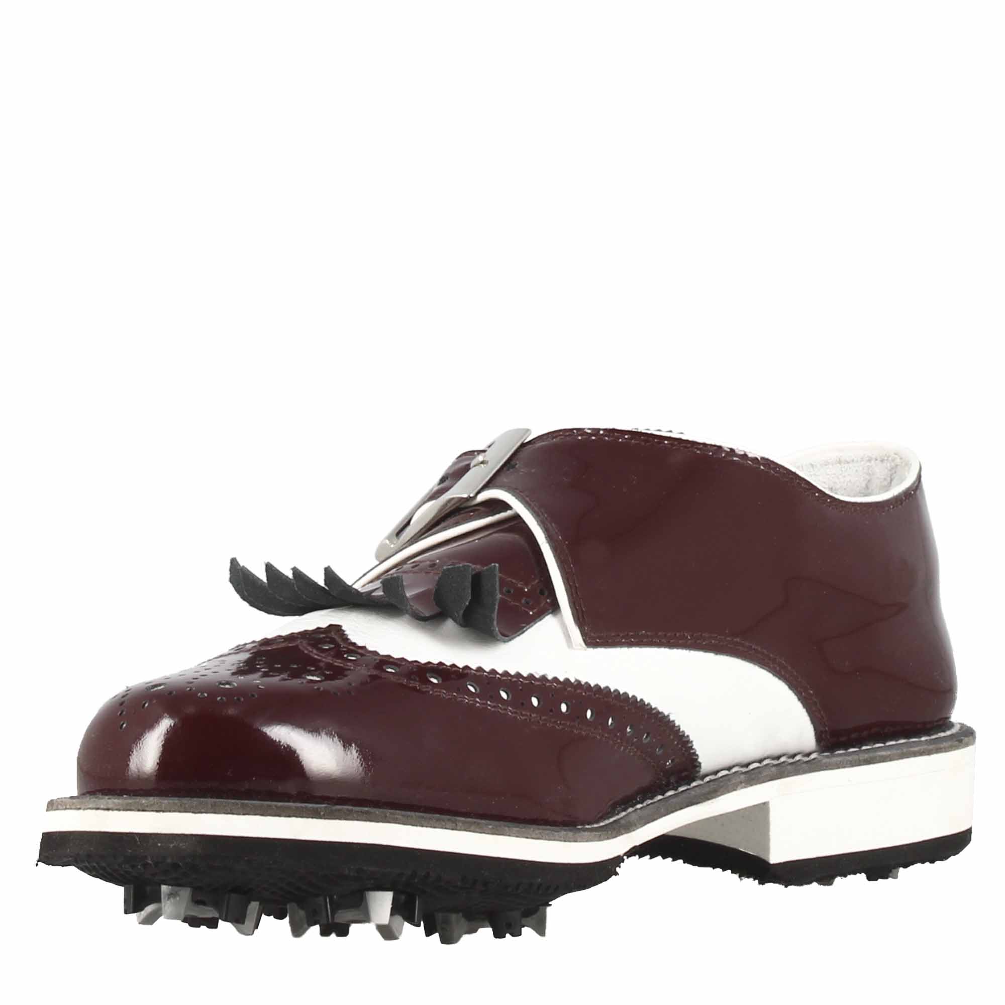 Chaussures de golf à boucle en cuir blanc et cuir verni bordeaux