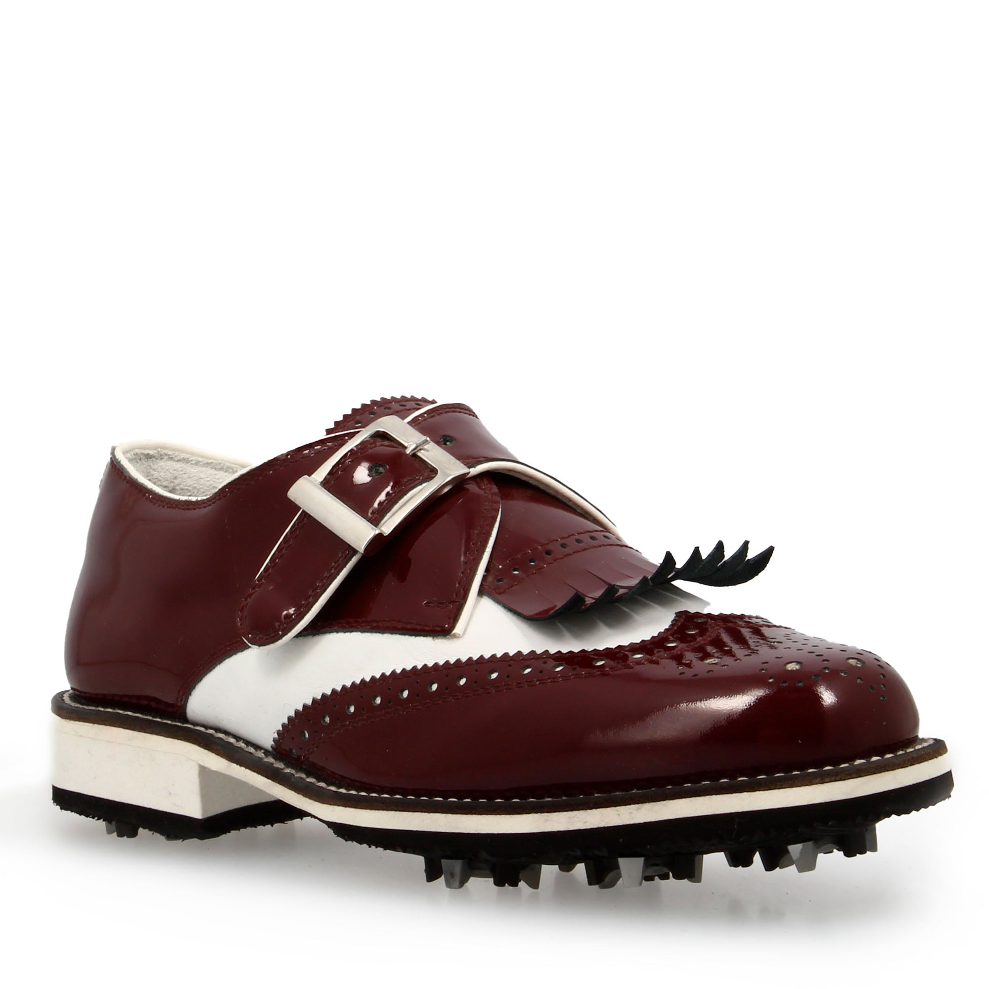 Chaussures de golf à boucle en cuir blanc et cuir verni bordeaux