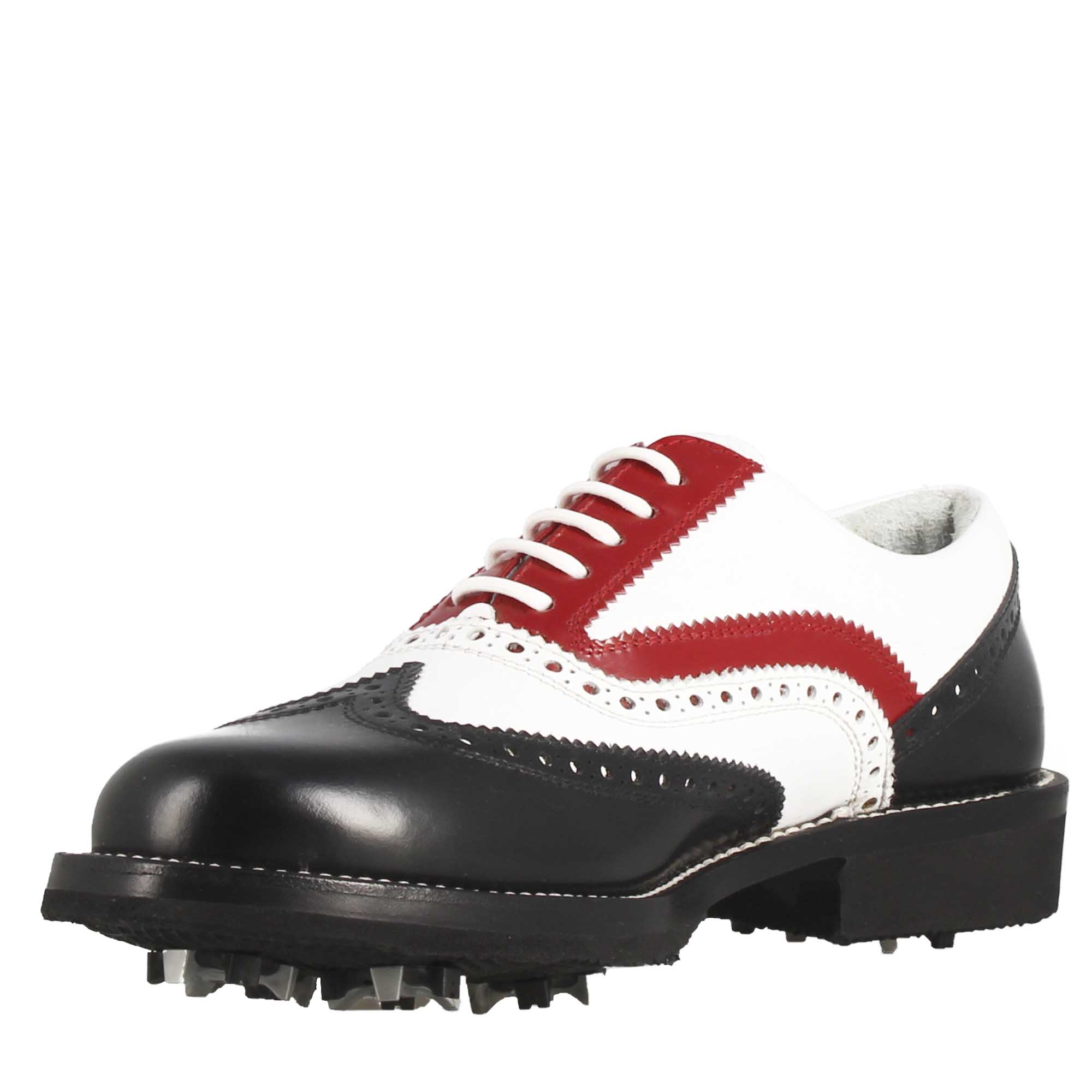 Scarpe da golf artigianali in pelle pieno fiore nero bianco rosso - LeonardoShoes
