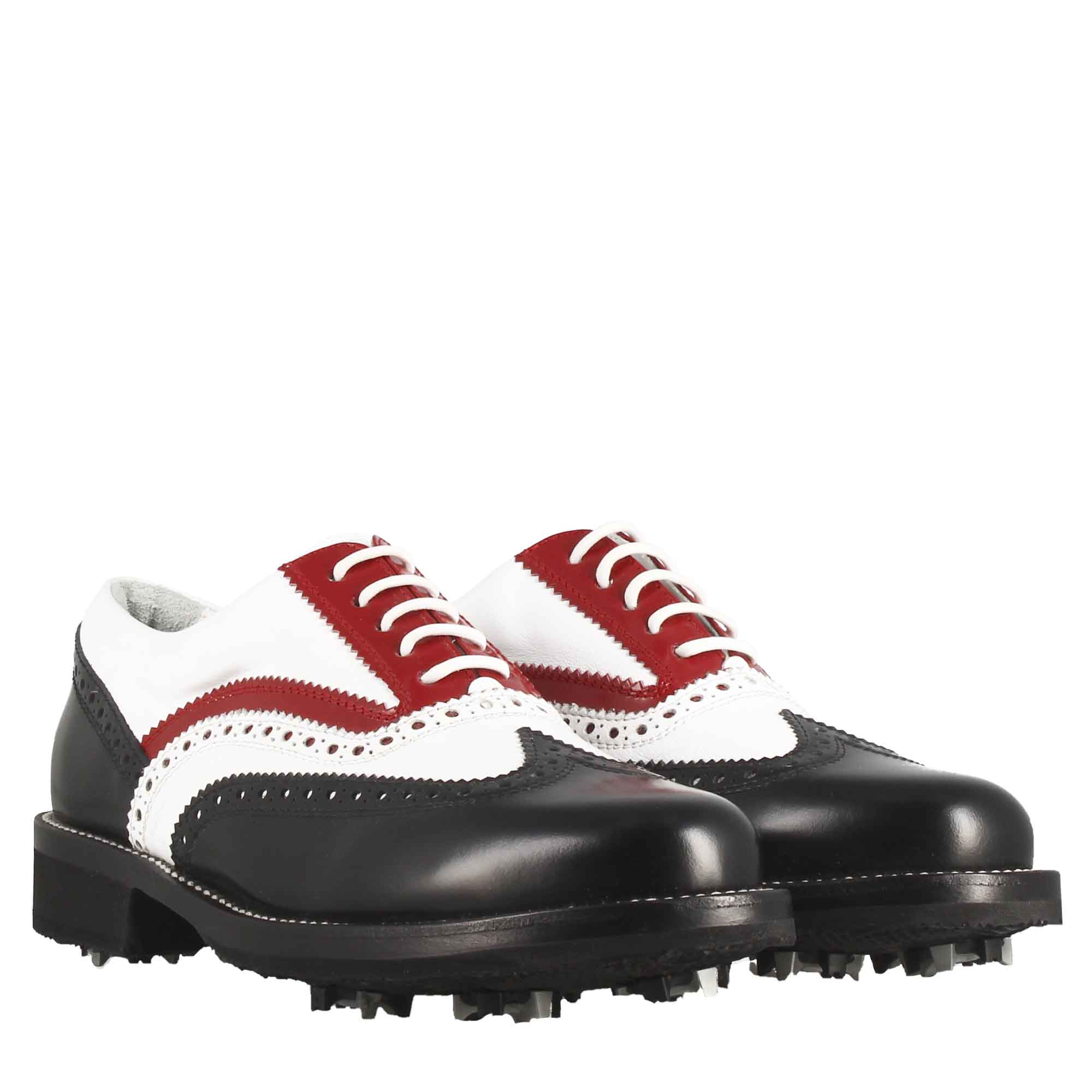 Scarpe da golf artigianali in pelle pieno fiore nero bianco rosso - LeonardoShoes