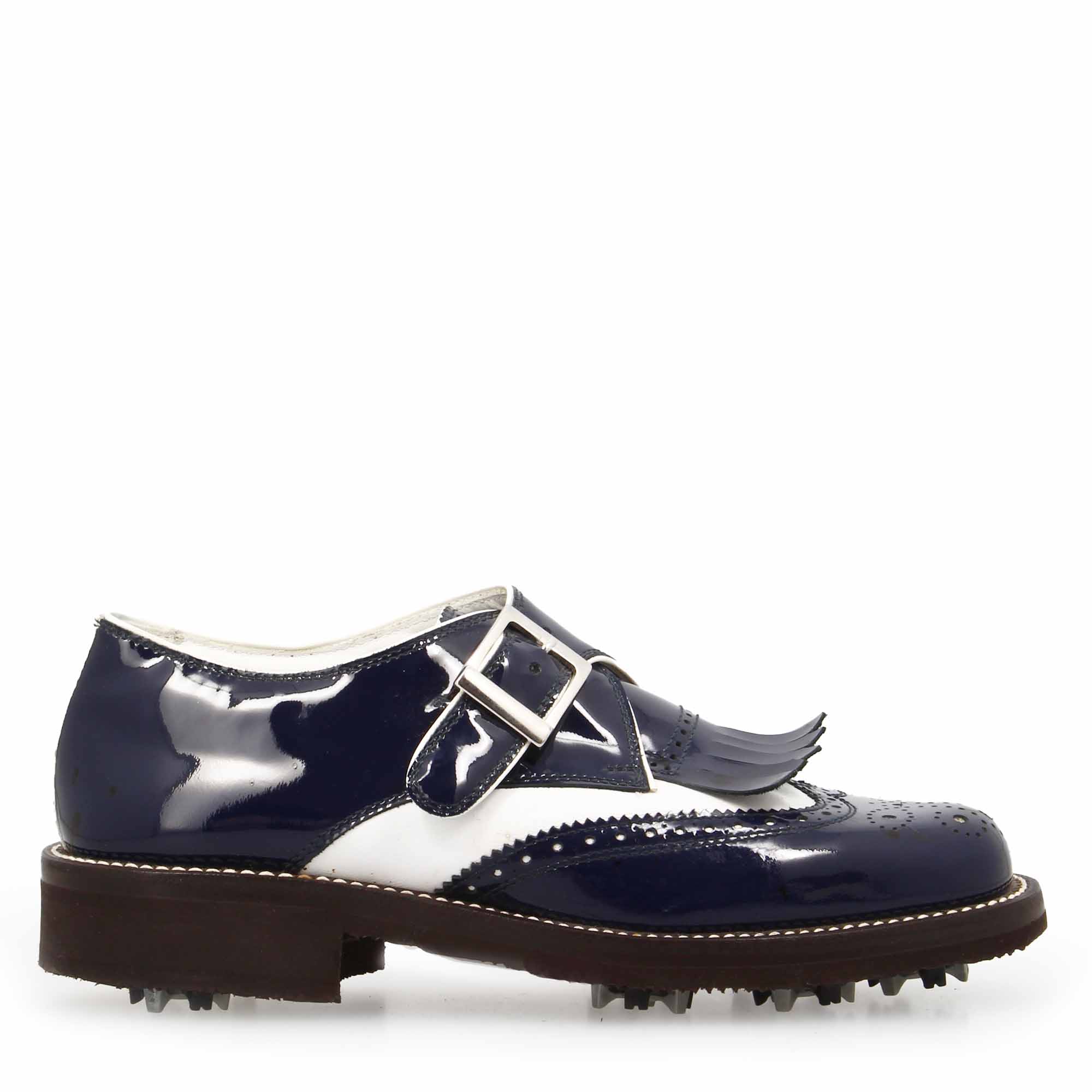 Scarpe con fibbia da golf in pelle bianca e vernice blu - LeonardoShoes
