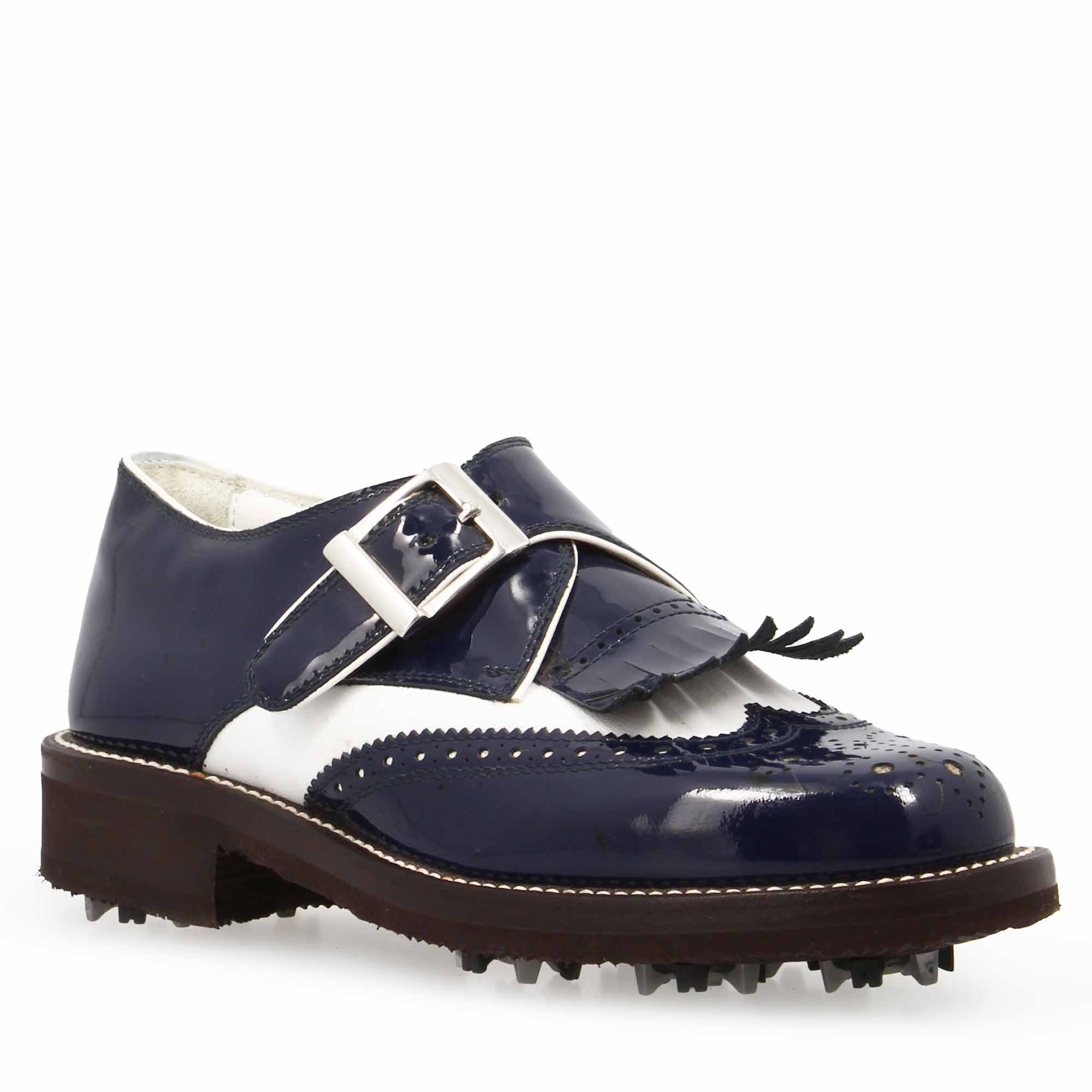 Scarpe con fibbia da golf in pelle bianca e vernice blu - LeonardoShoes