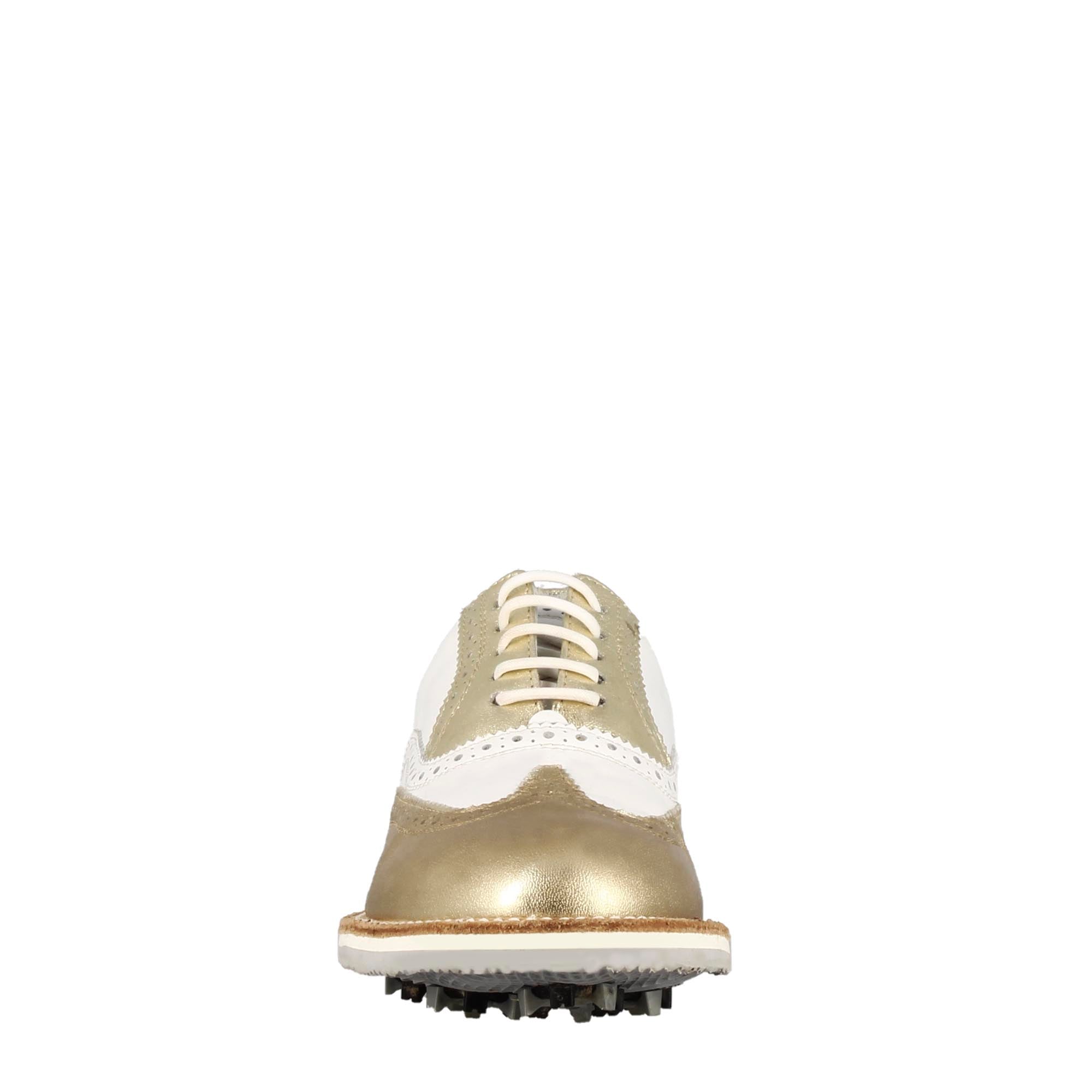 Scarpe da golf artigianali in pelle bianca con dettagli colore oro