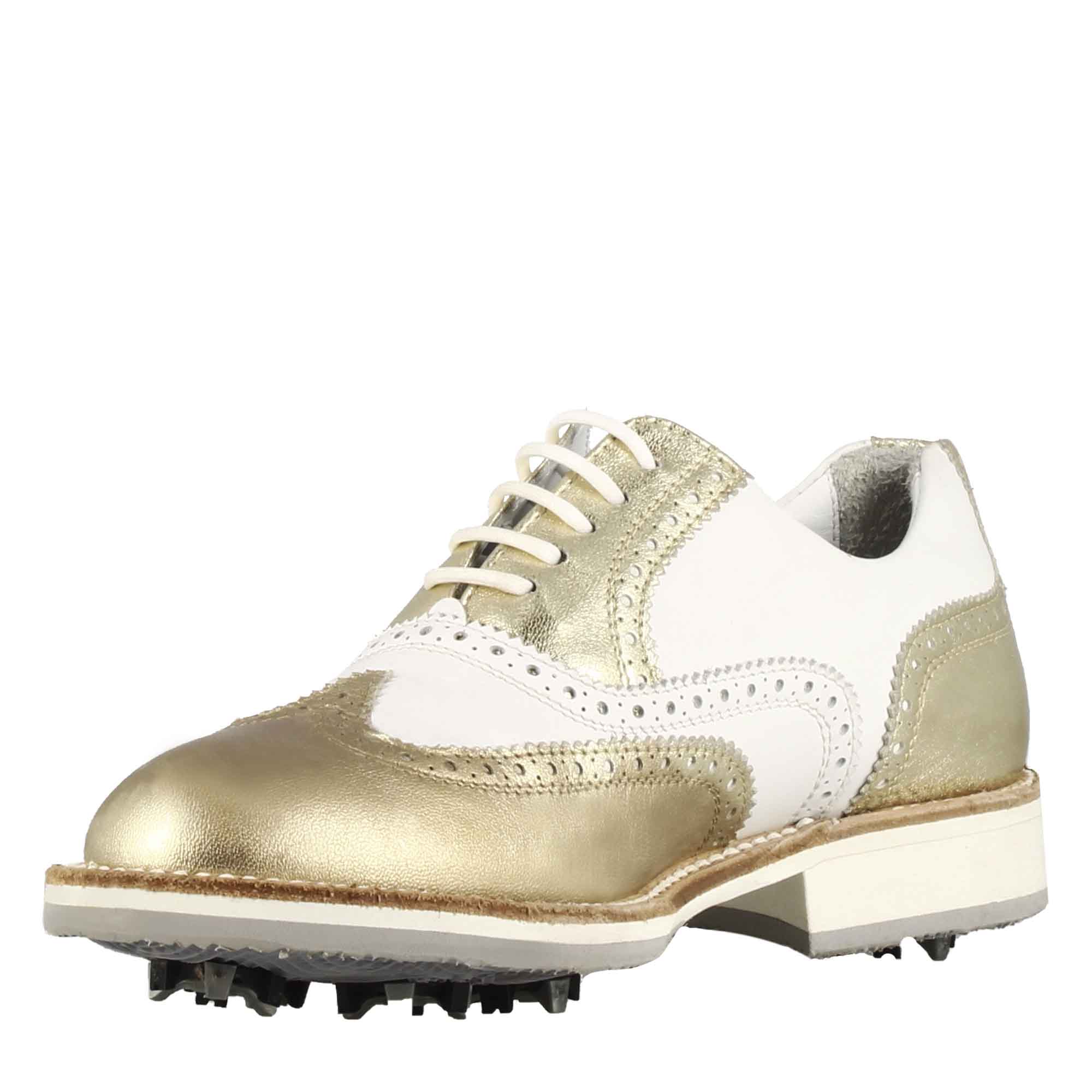 Scarpe da golf artigianali in pelle bianca con dettagli colore oro