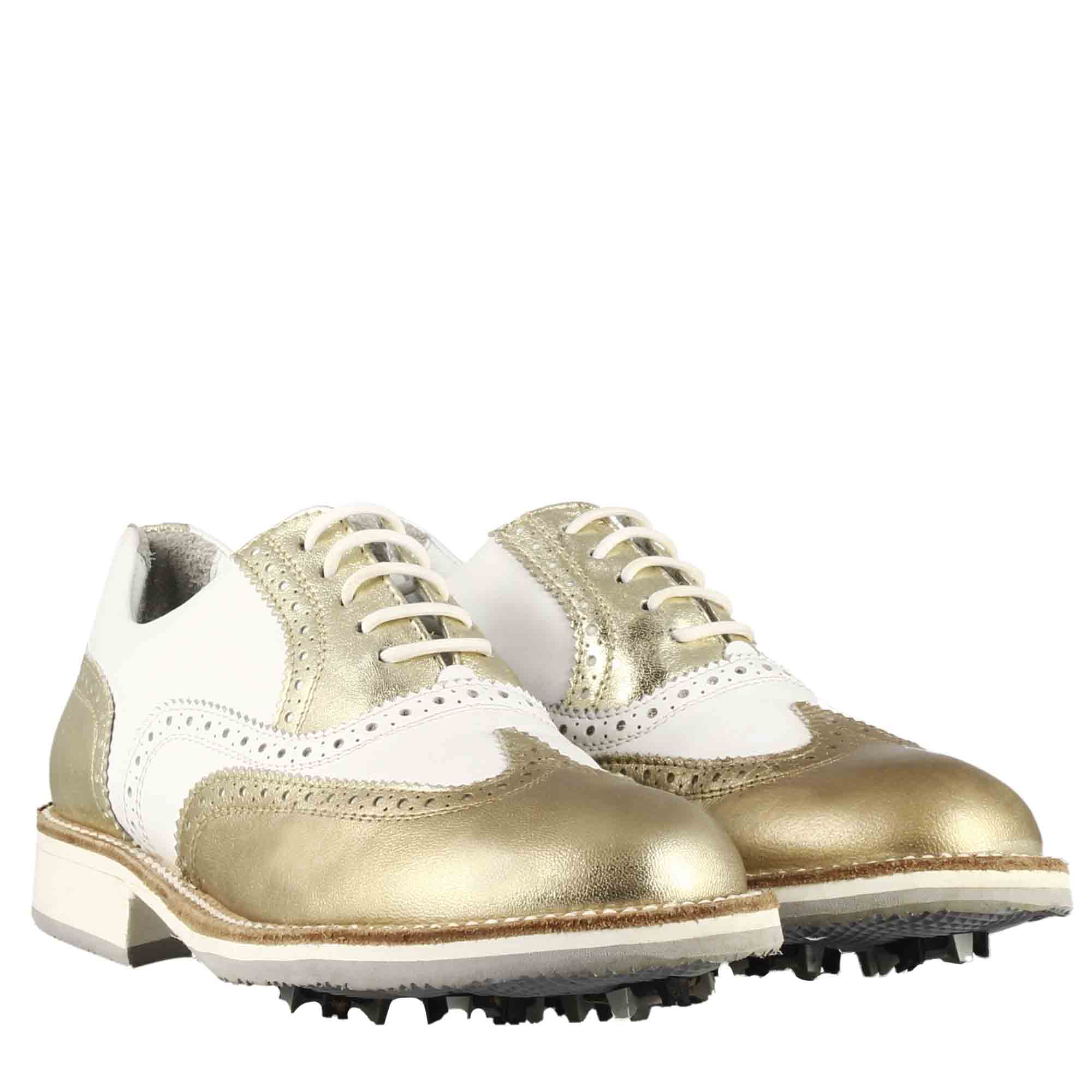 Scarpe da golf artigianali in pelle bianca con dettagli colore oro