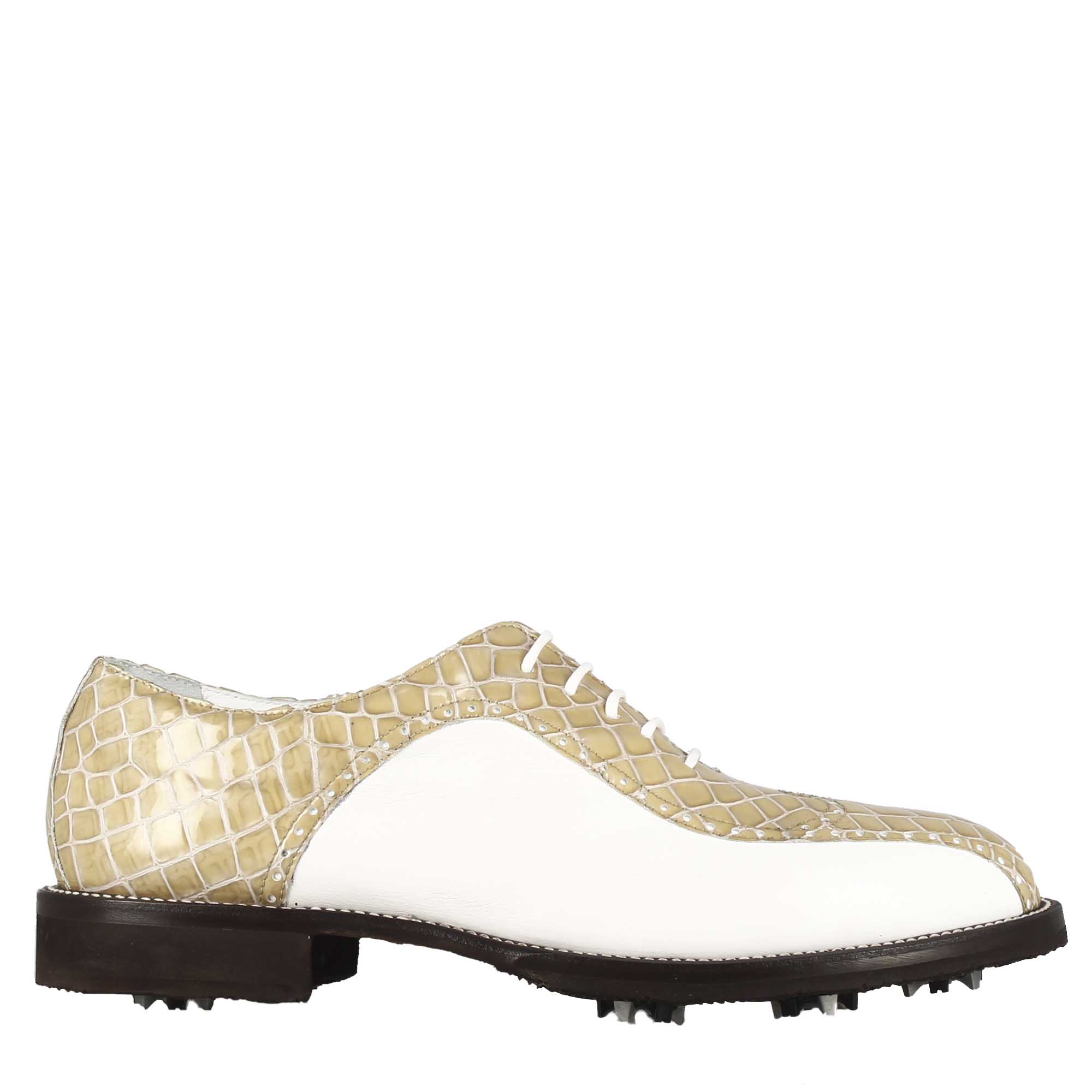 Chaussures de golf pour femme en cuir bicolore blanc et beige imprimé crocodile