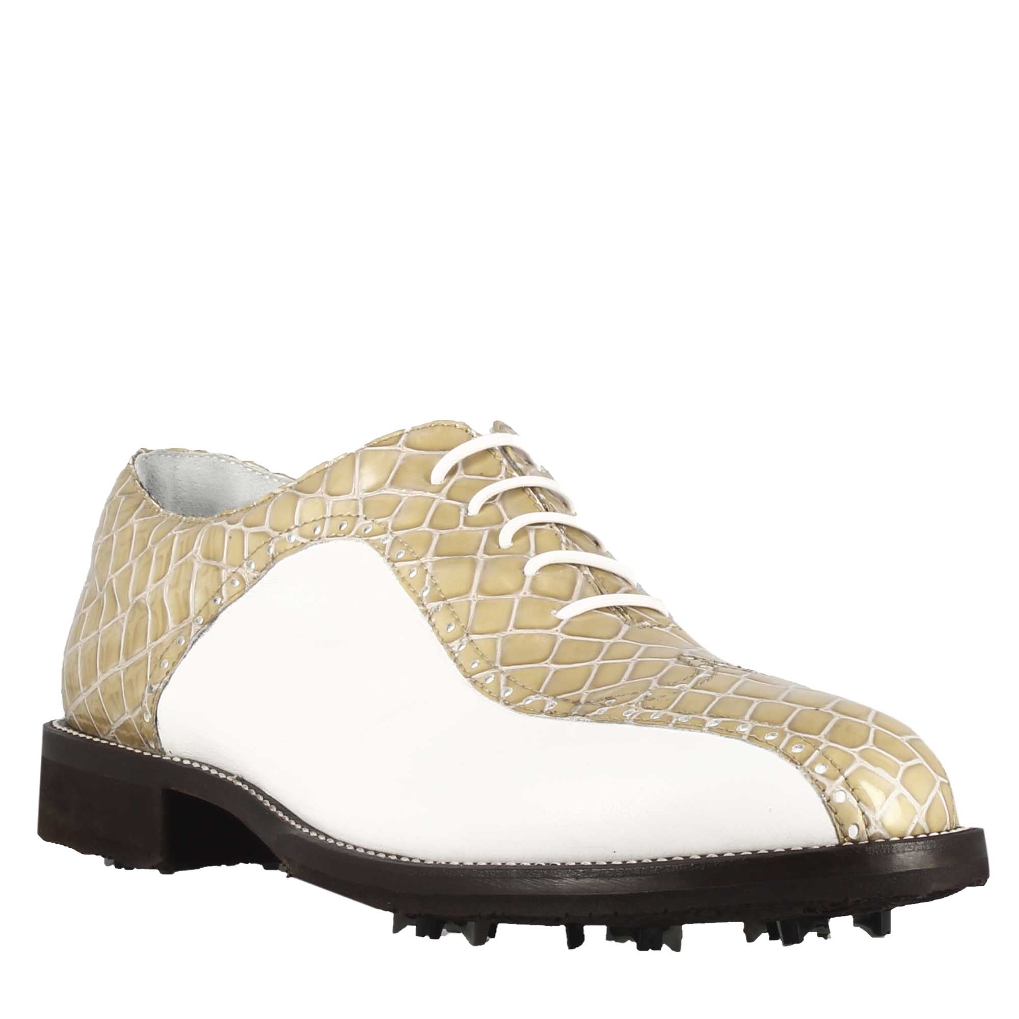Chaussures de golf pour femme en cuir bicolore blanc et beige imprimé crocodile