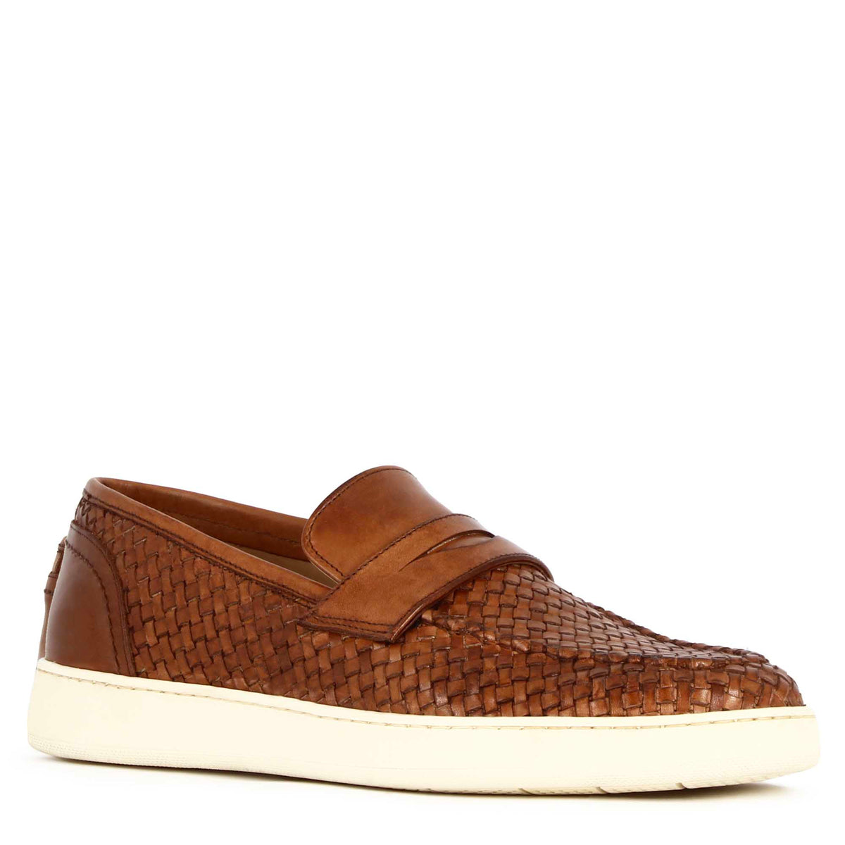 Handmade men's sneaker made of woven leather brown color
