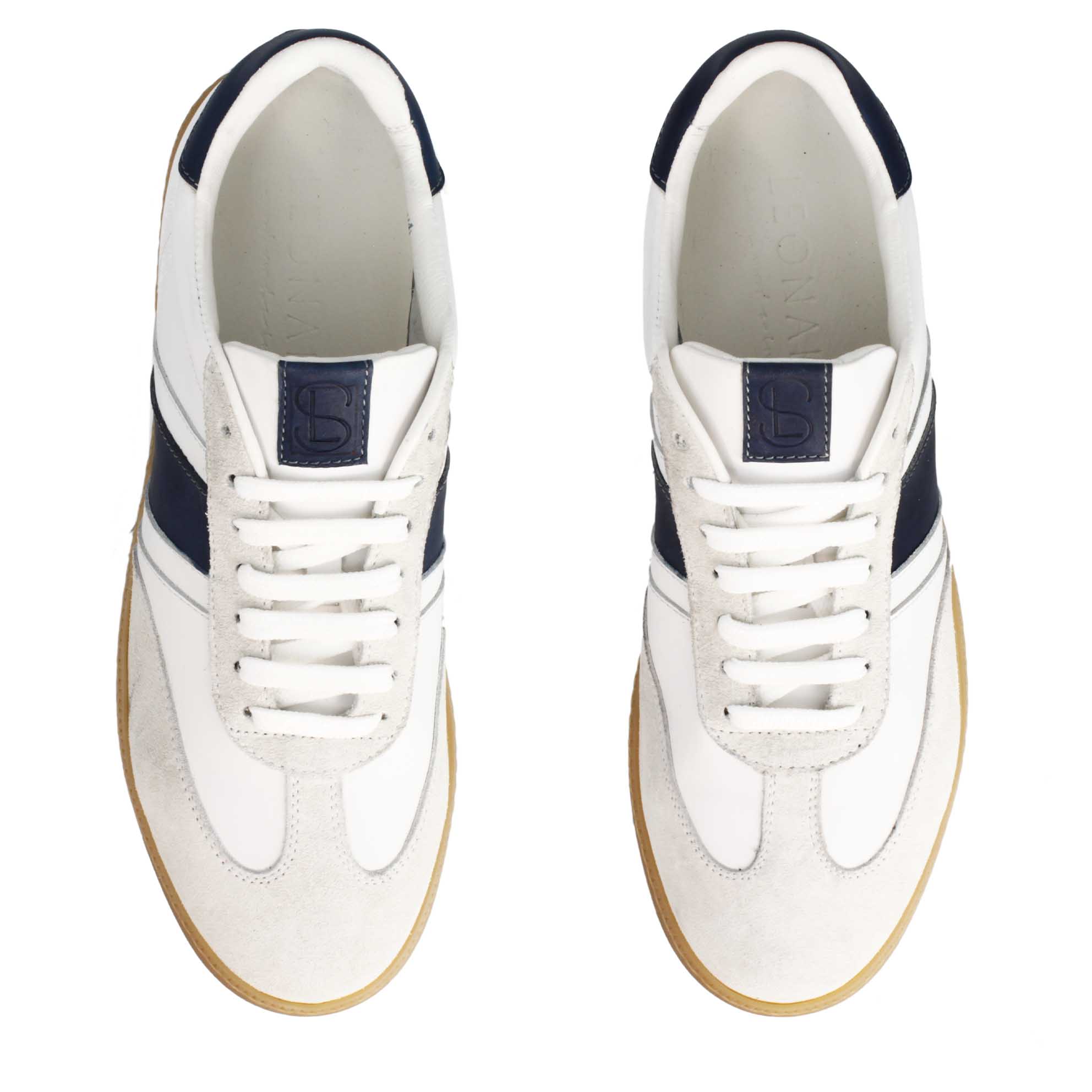 Handmade men's sneaker in white and blue leather