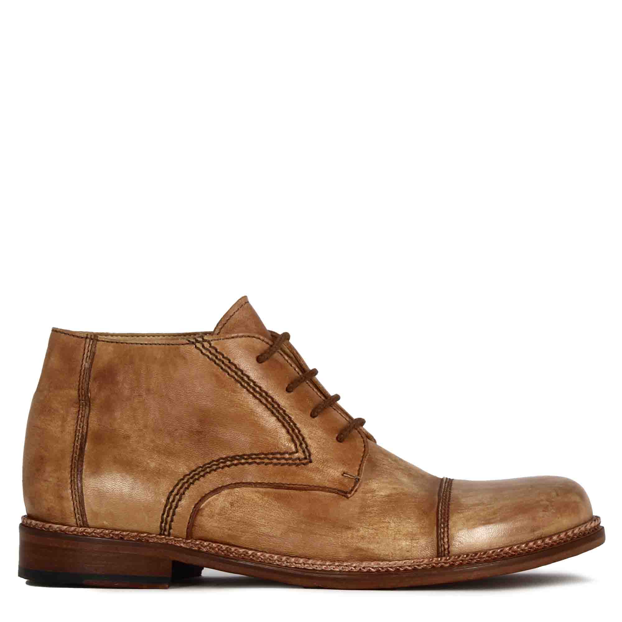 Bottines à lacets pour hommes en cuir beige