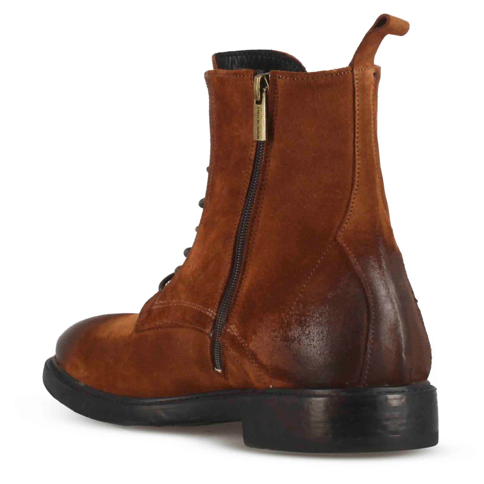 Men's ankle boots in genuine suede leather in brown with laces