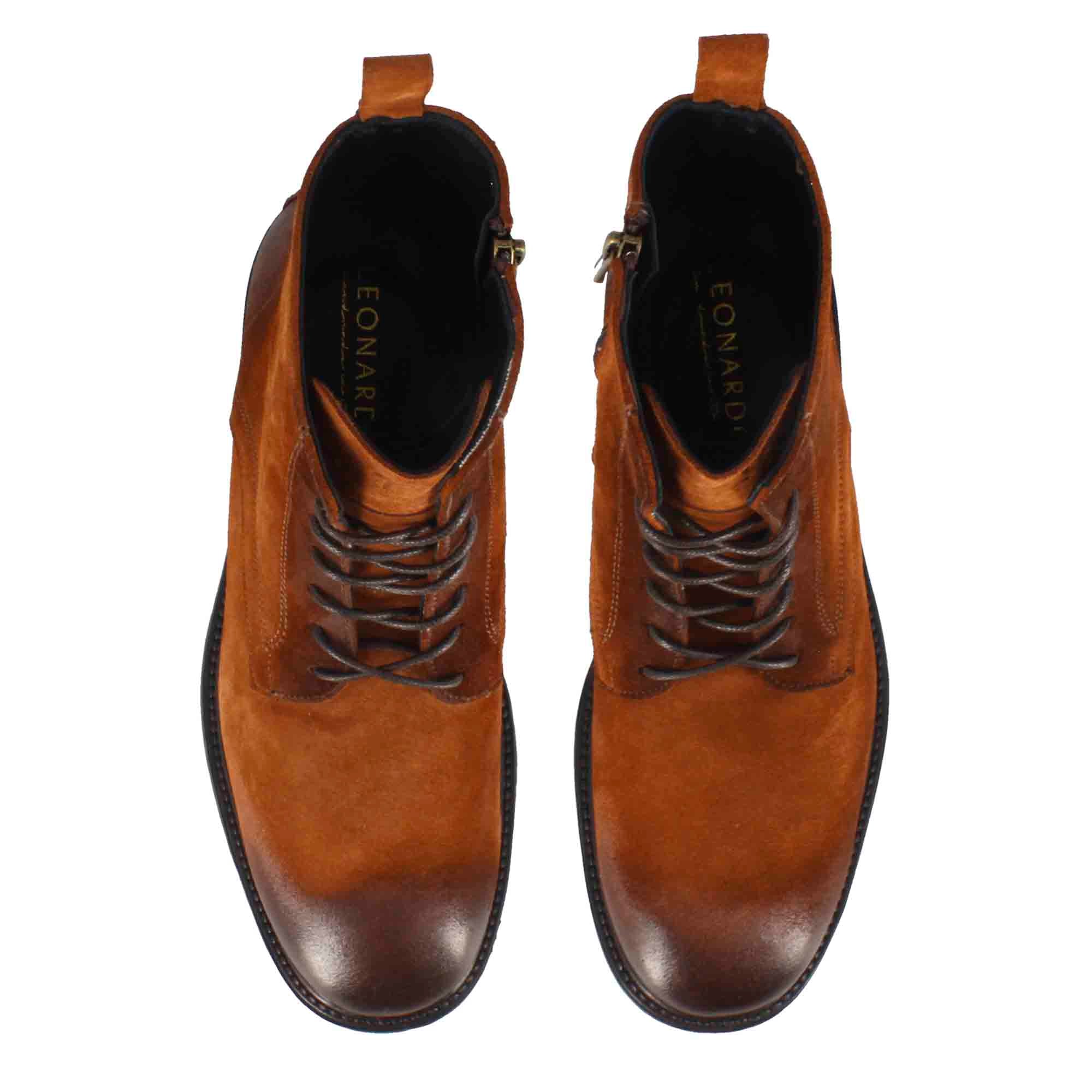 Men's ankle boots in genuine suede leather in brown with laces