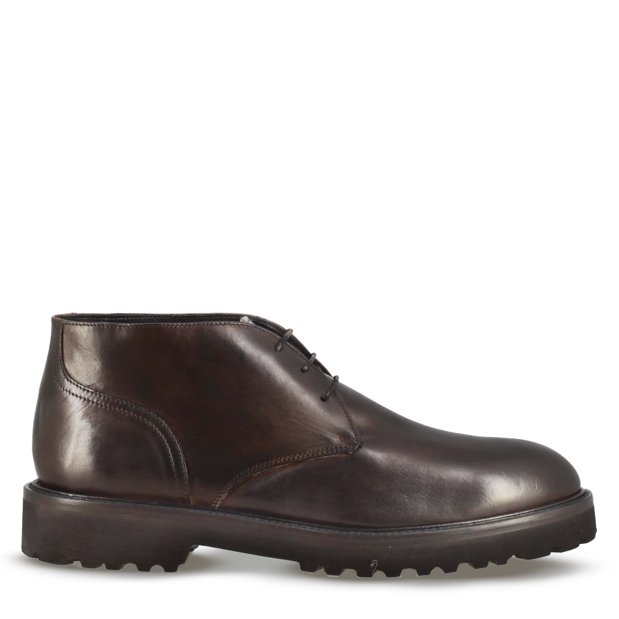 Bottines pour hommes en véritable cuir lisse marron foncé à semelle crantée