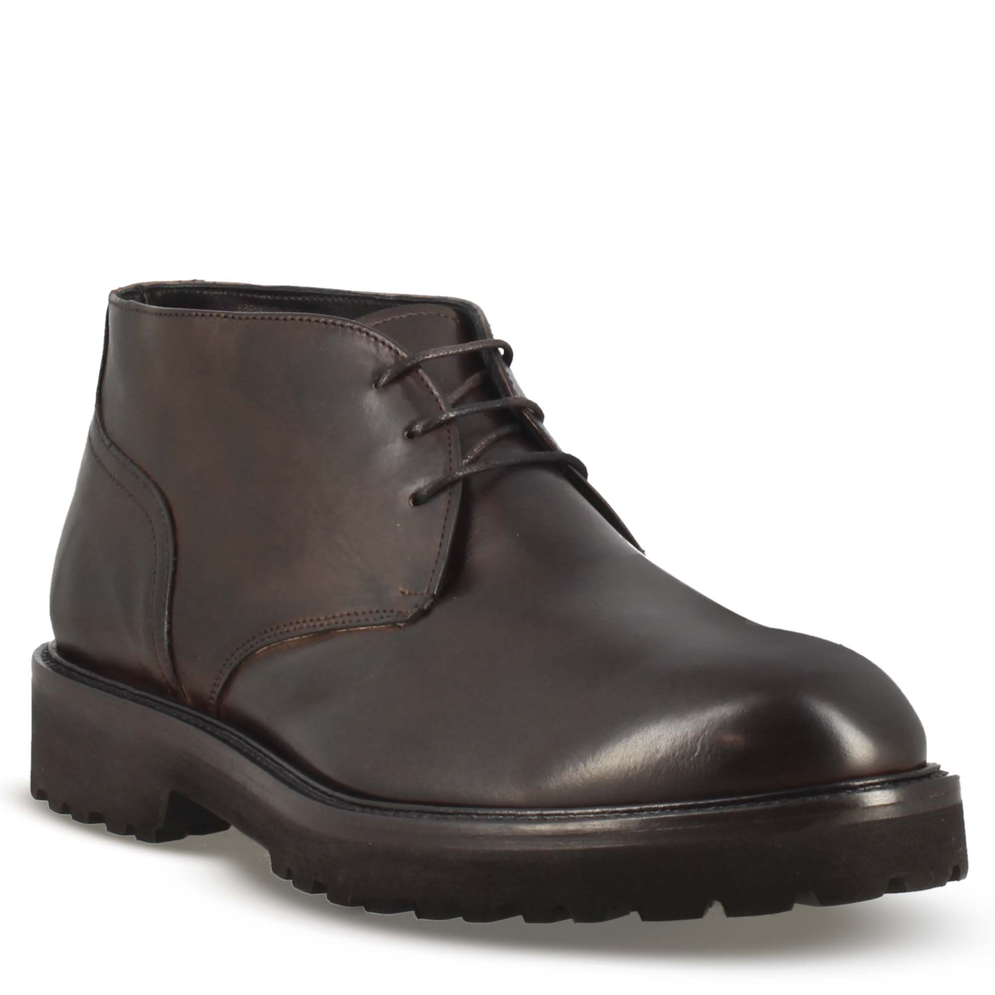 Bottines pour hommes en véritable cuir lisse marron foncé à semelle crantée