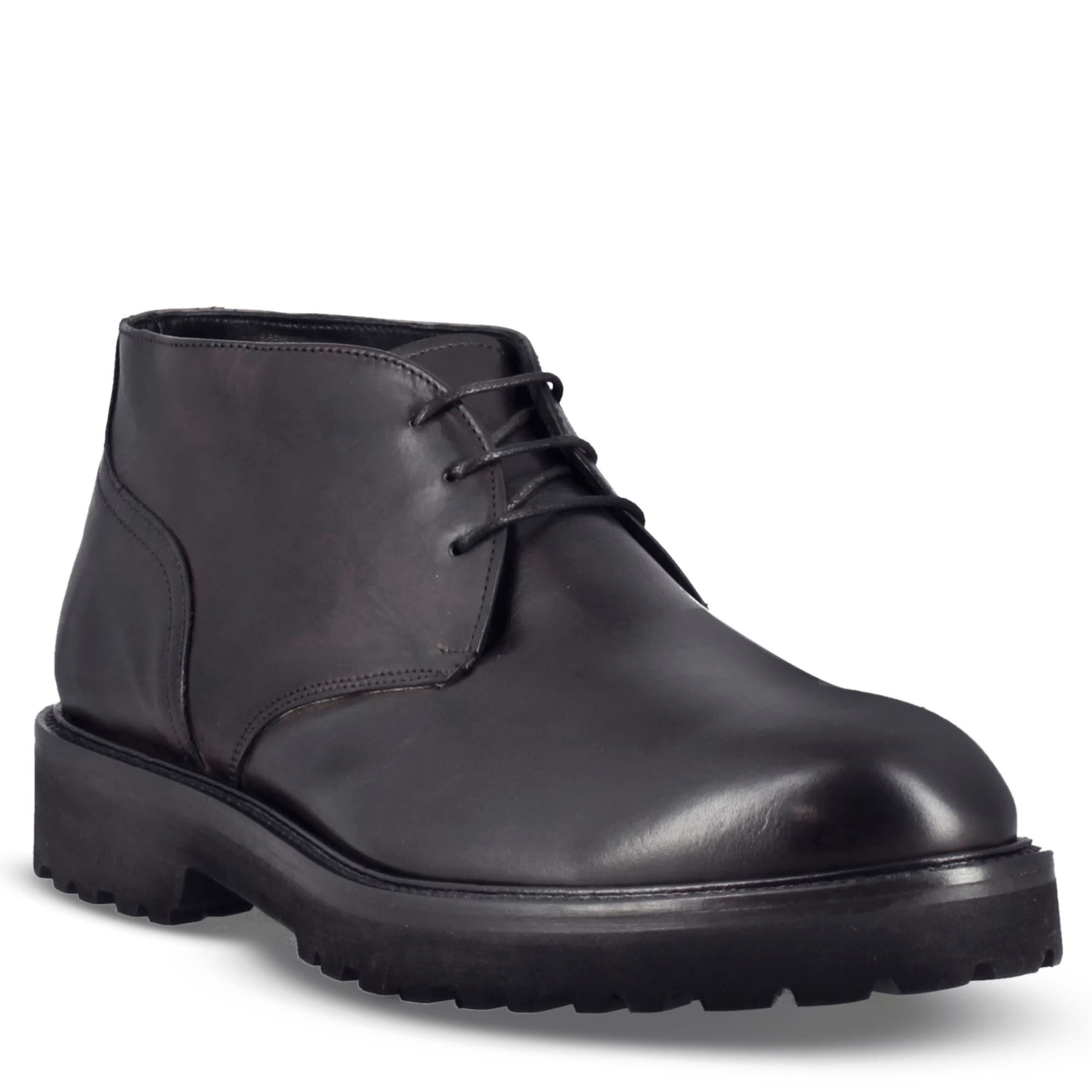 Men's ankle boots in smooth black genuine leather with lug sole