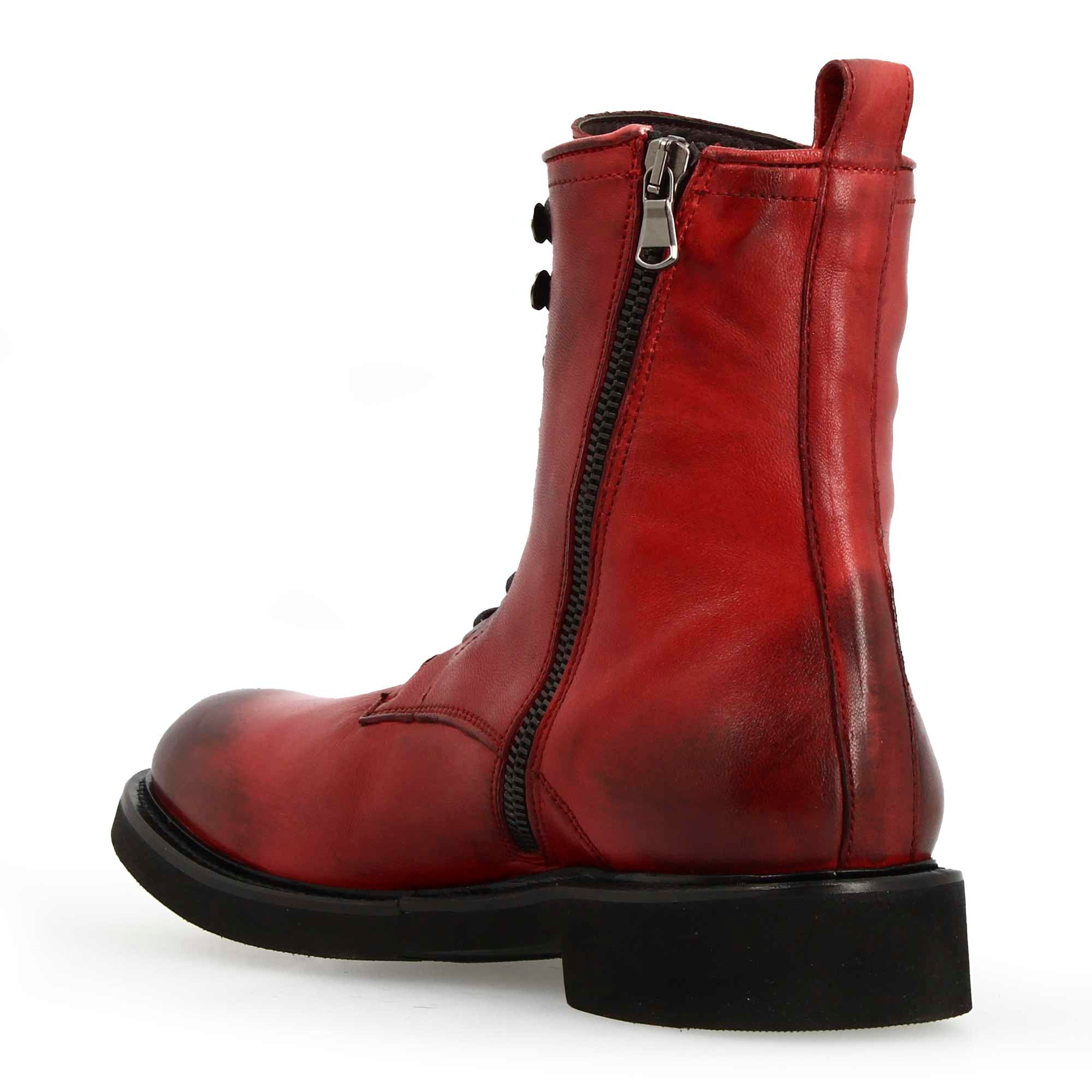 Handmade red leather women's ankle boot