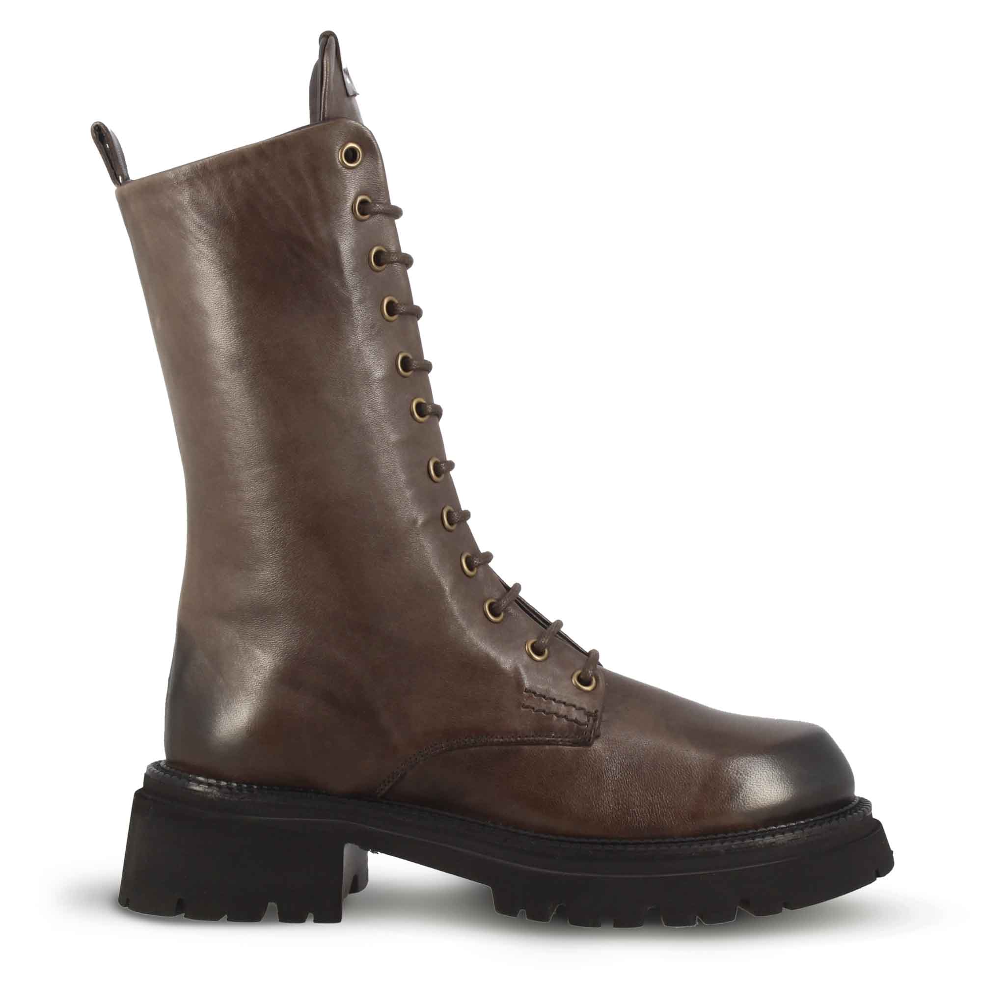 Dark brown genuine leather women's ankle boot with lace-up