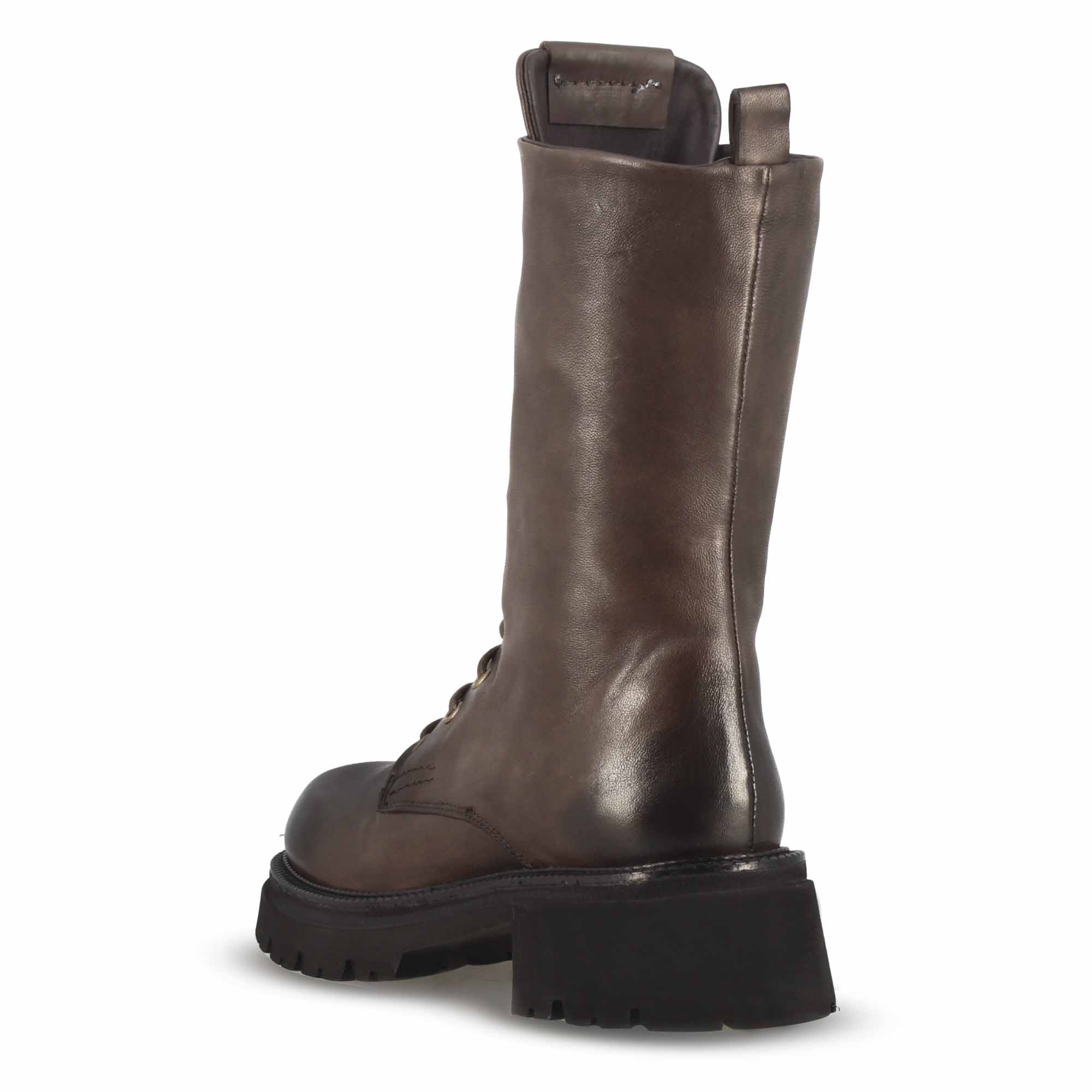 Dark brown genuine leather women's ankle boot with lace-up