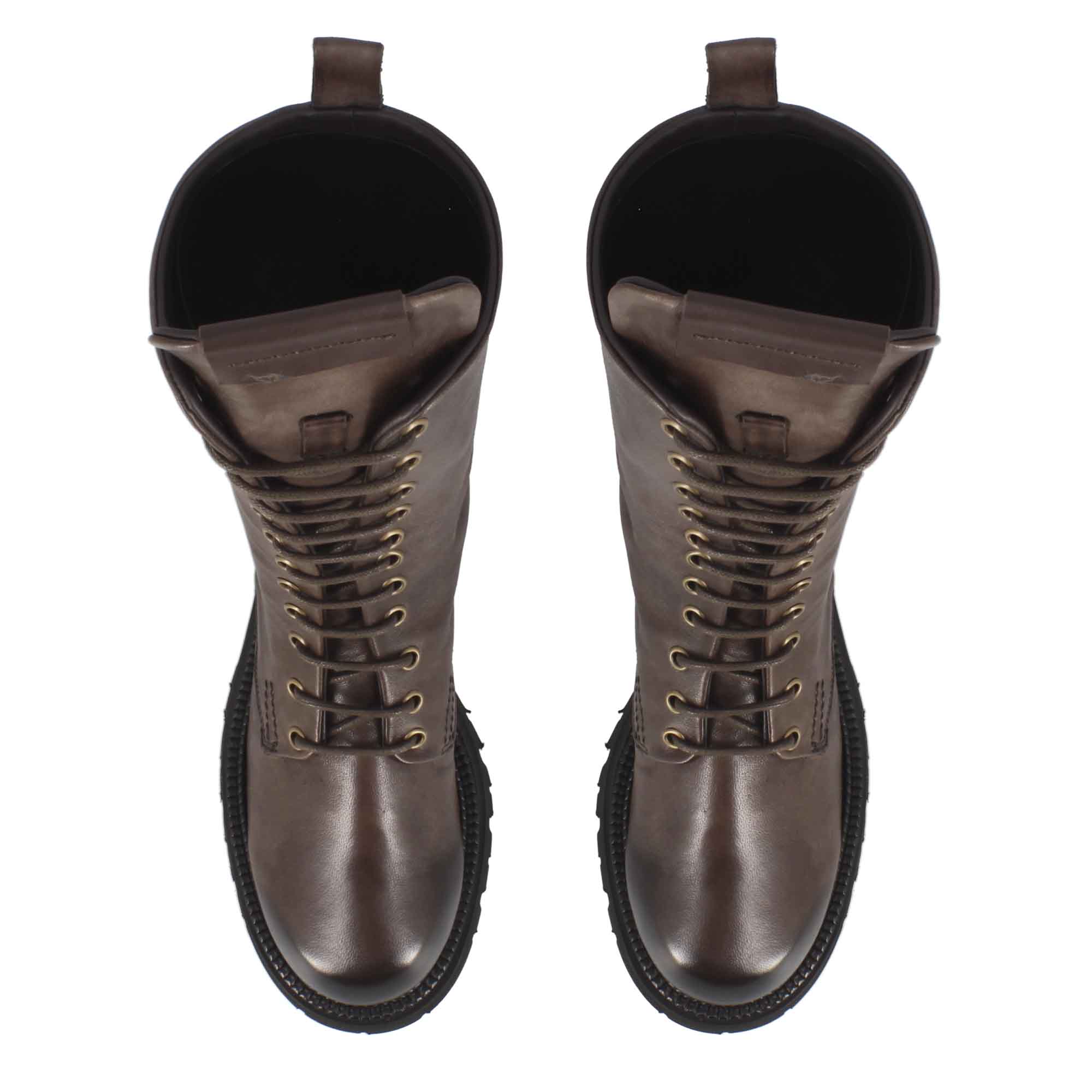 Dark brown genuine leather women's ankle boot with lace-up