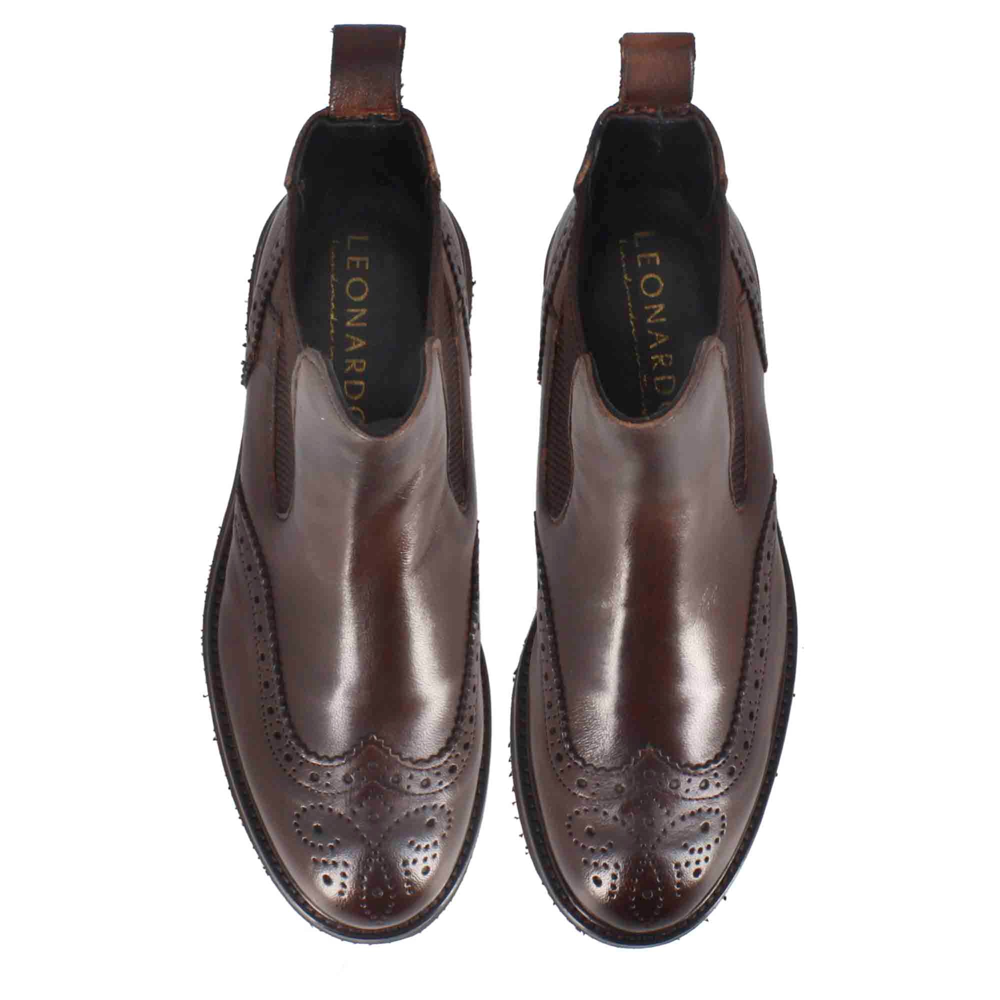 Stivaletto Chelsea brogue da donna in vera pelle colore marrone scuro