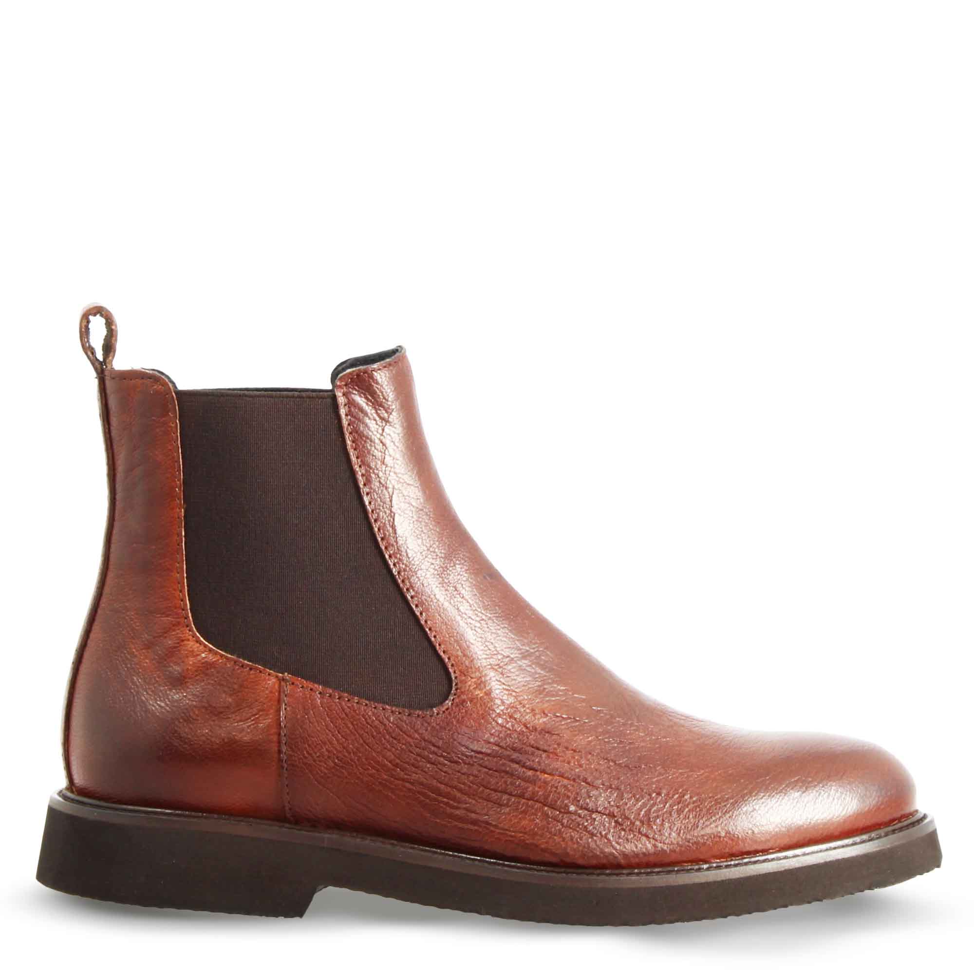 Bottine Chelsea pour femme en cuir véritable marron avec élastique